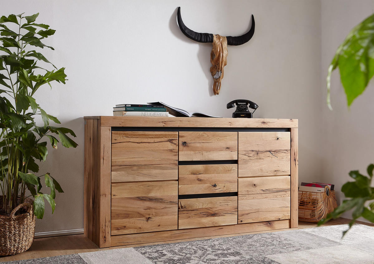 SIDEBOARD Wildeiche / Zerreiche 155x43x80 natur geölt MONTREUX #154 - Braun, Holz (155/80/43cm) - Massivmoebel24