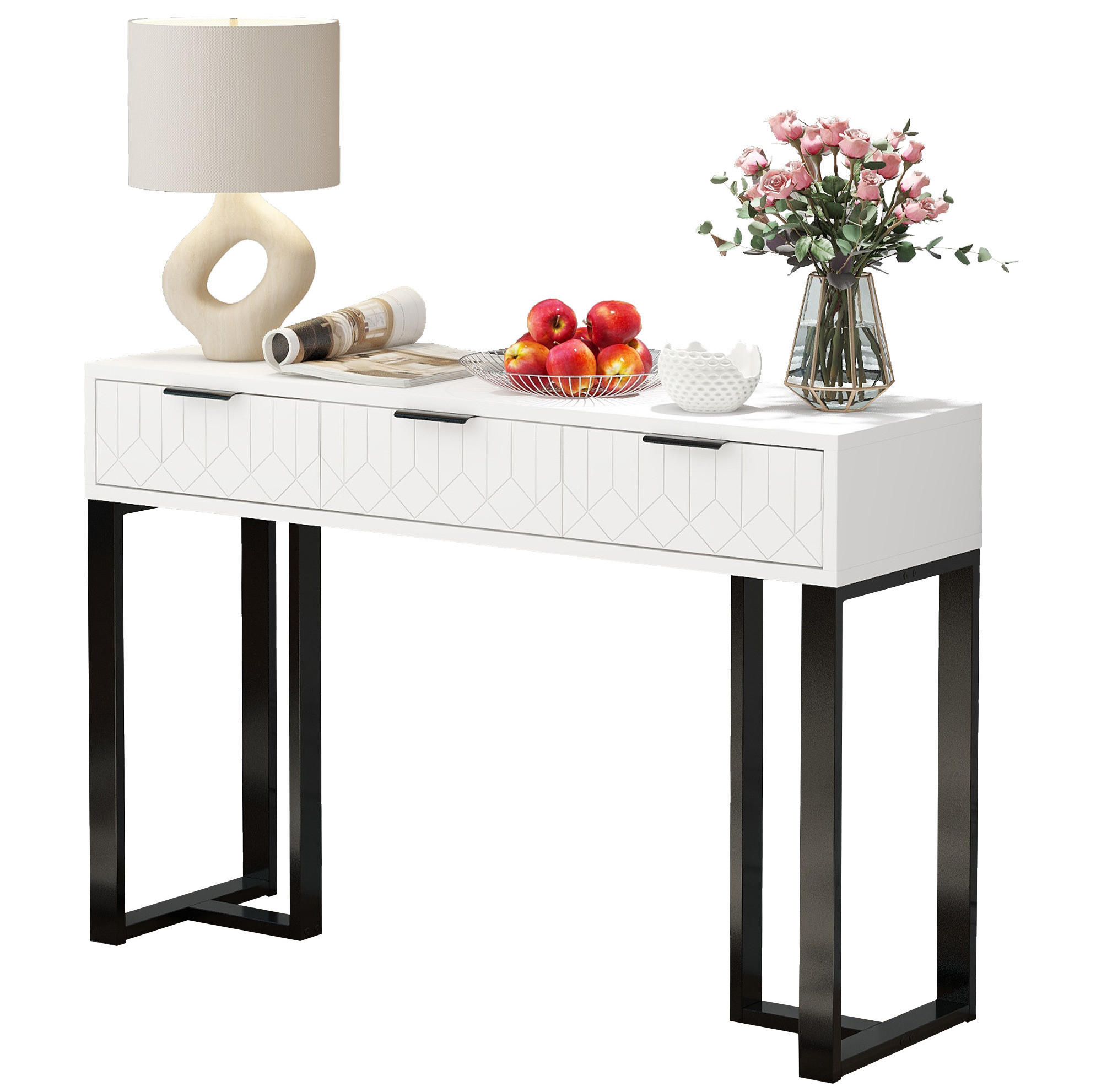 KONSOLENTISCH 120/36/80 cm weiß schwarz aus MDF mit 2 Schubladen und verstellbaren Fußpolstern - Schwarz, Holzwerkstoff (120/36/80cm) - OKWISH