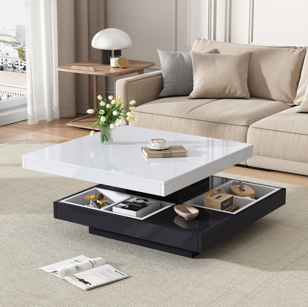 COUCHTISCH drehbar 70x70 cm Hochglanz Weiß Schwarz - Schwarz, Holzwerkstoff (70/70/36cm) - Meubliv