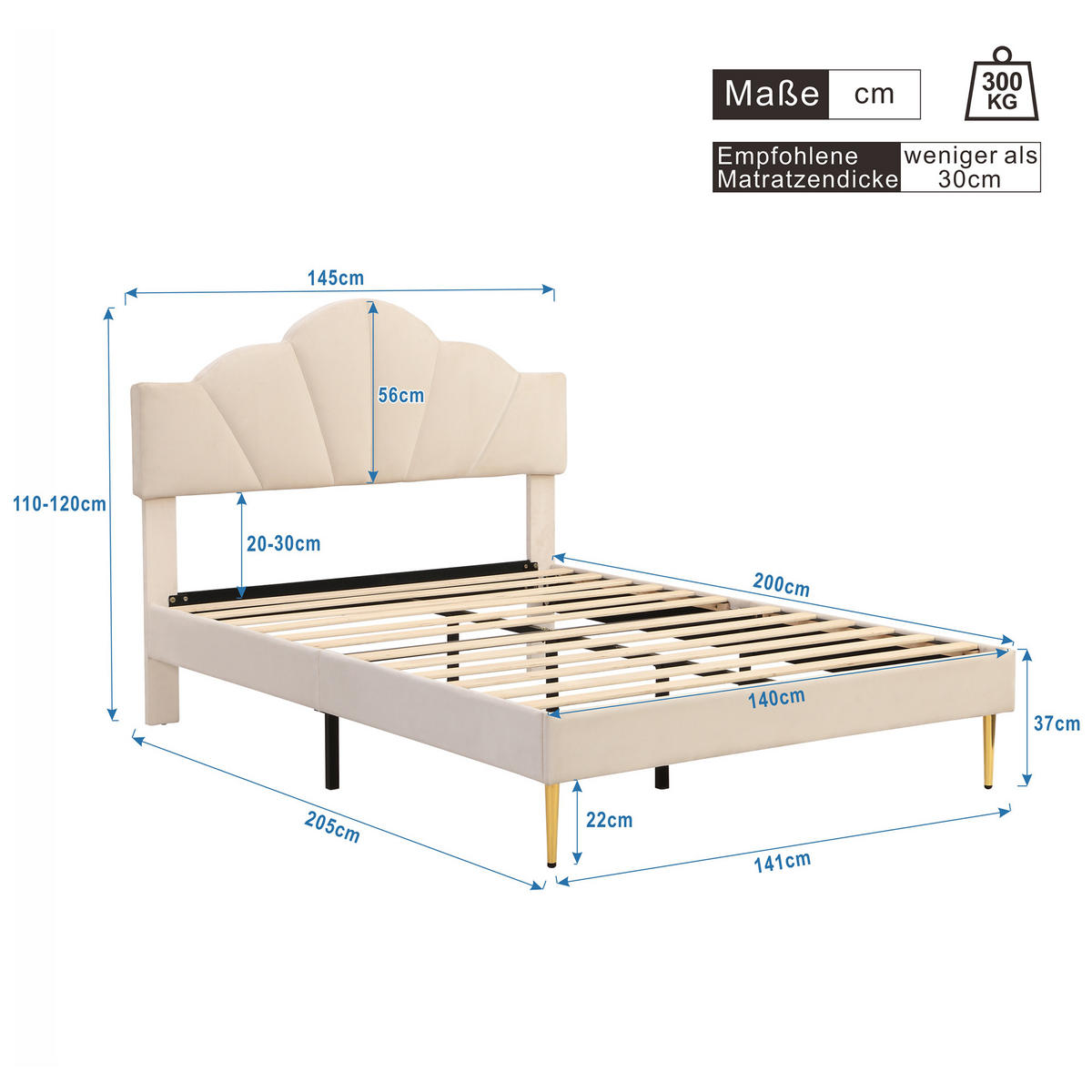 POLSTERBETT 140/200 cm beige aus Samt mit höhenverstellbarem Kopfteil - Beige, Textil (140/200cm) - OKWISH