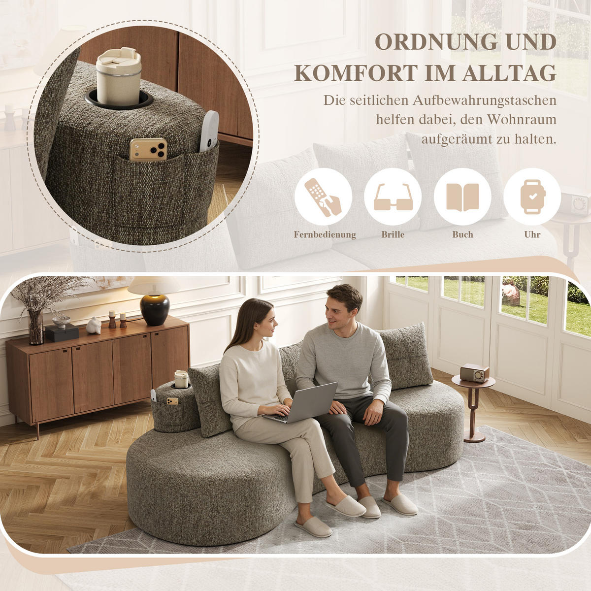 3-SITZER SOFA leinenstoff farbwahl mit getränkehalter & seitentaschen - Sandfarben, Textil (240/63/109cm) - Urban Meuble