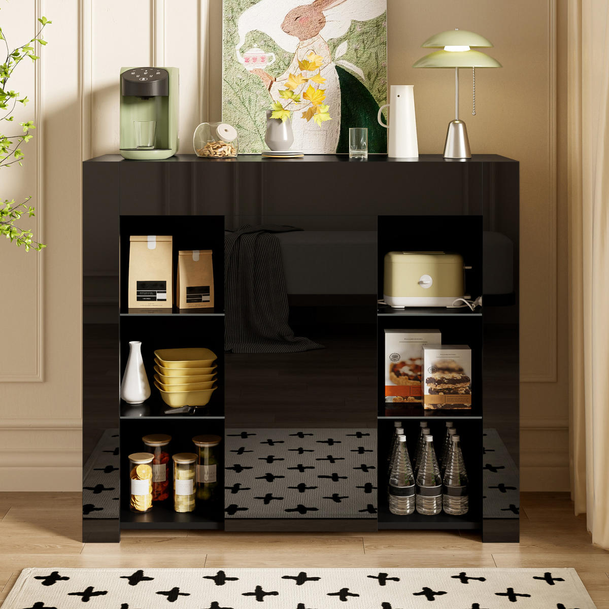 SIDEBOARD Schwarz, Hochglanzfront, Glasregale, kompakter Stauraum - Schwarz, Holz (95/83/35cm)