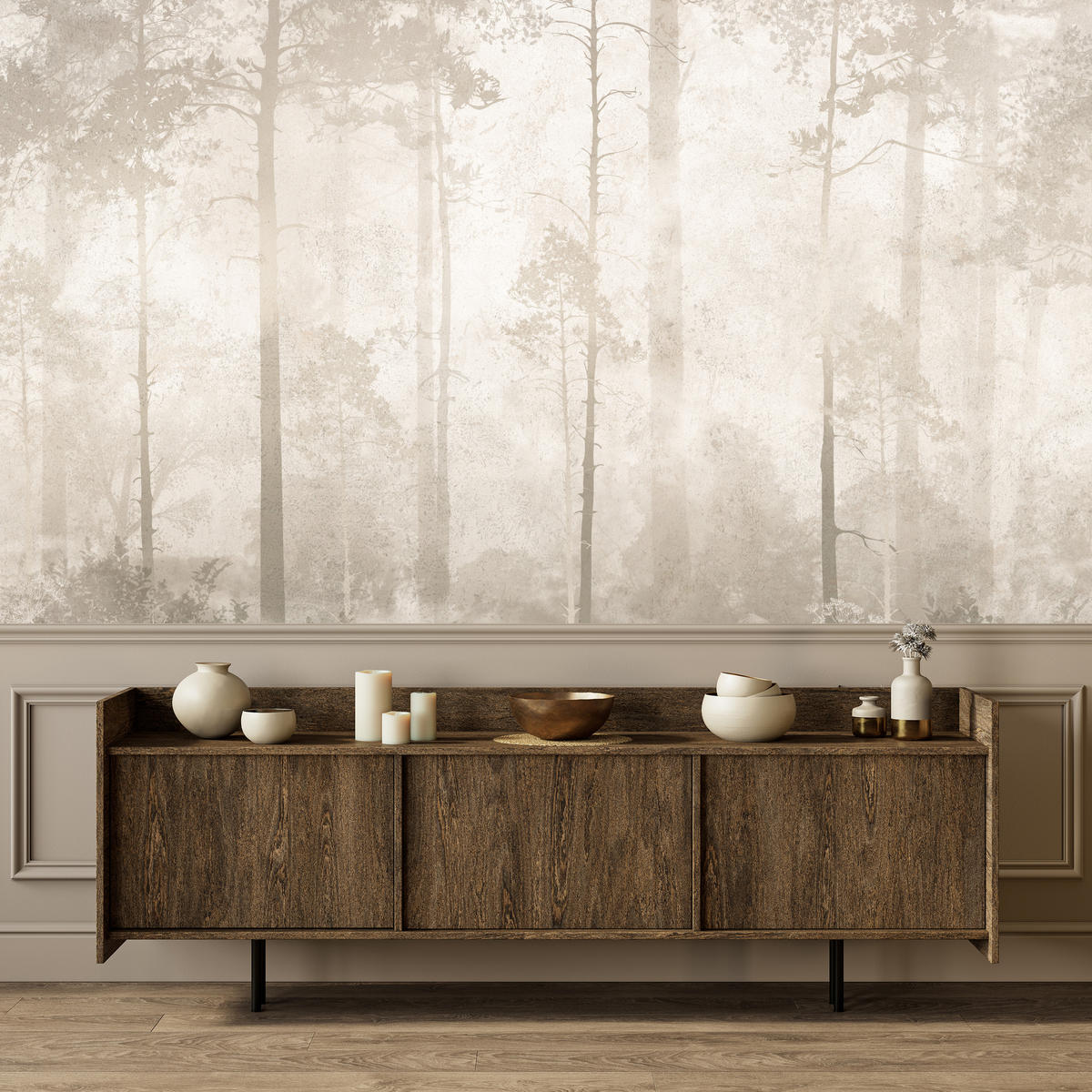 FOTOTAPETE für Wohnzimmer Nebliger Wald Vintage Bäume 350x256 - Beige/Braun, Papier (350/256cm) - Muralo