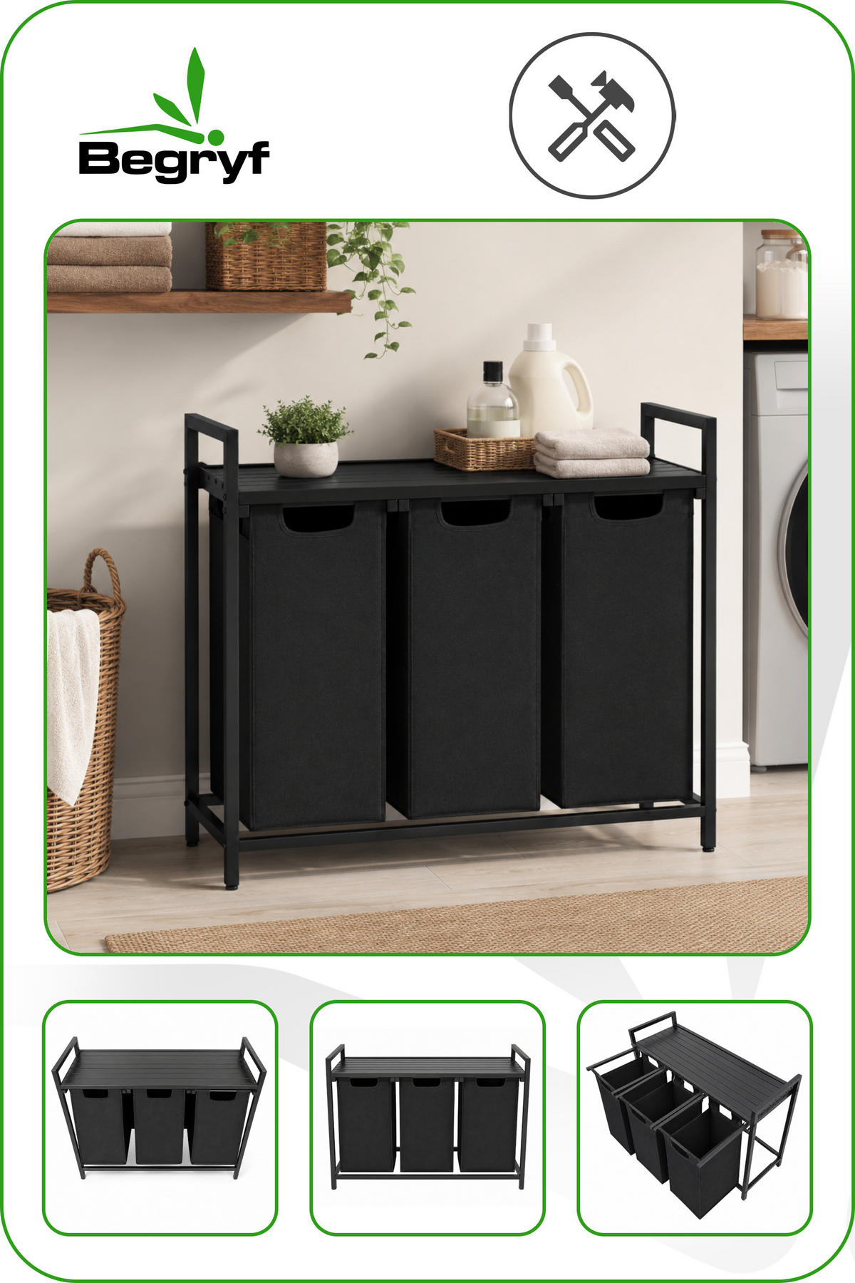WÄSCHEKORB Metall Stoff MDF Schwarz 3 Wäschesäcke 114l 92,5x33x71 cm - Schwarz, Holzwerkstoff/Textil (92.5/71/33cm) - Begryf