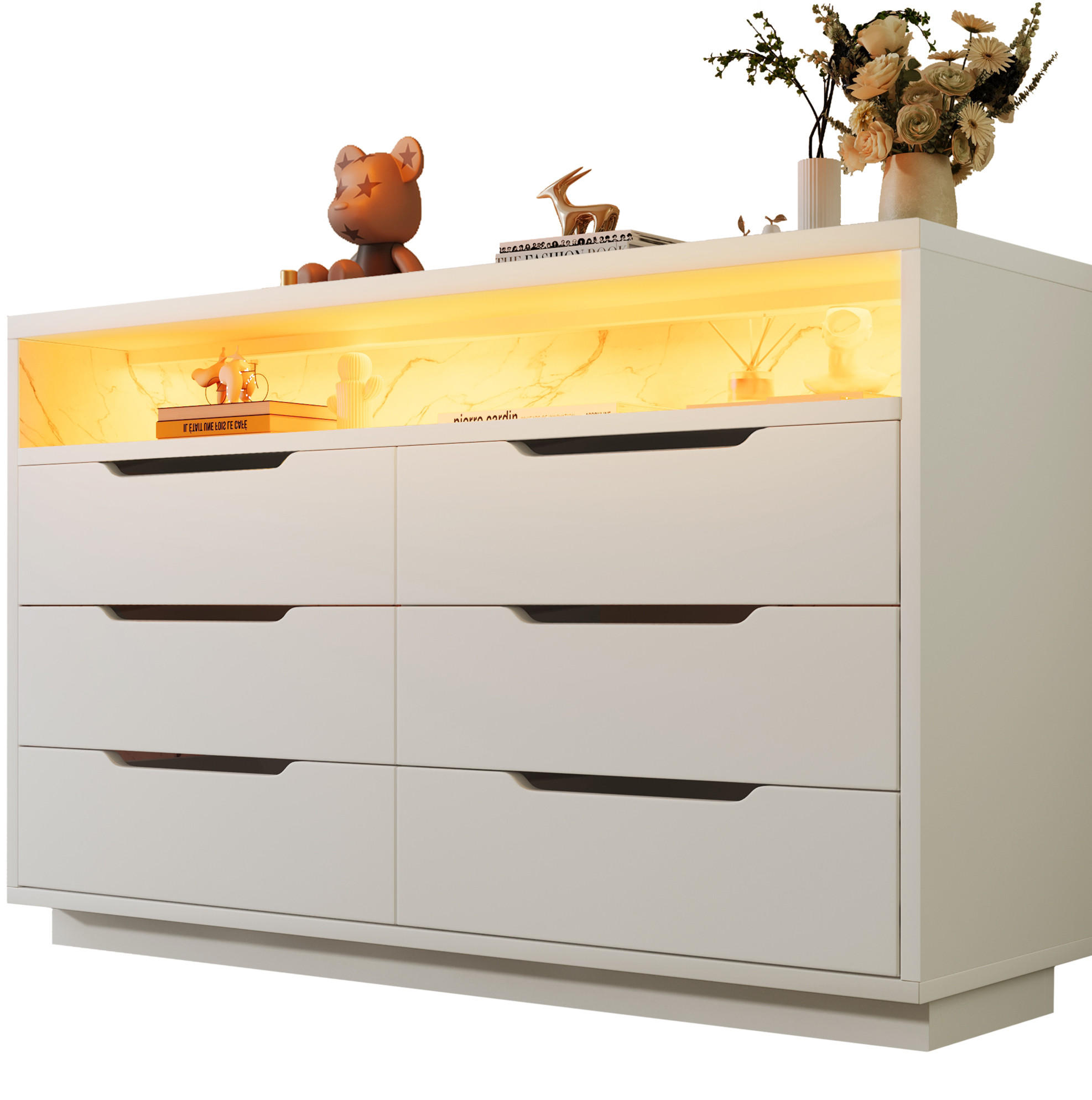 SIDEBOARD 120/40/85 cm in Weiß mit LED-Beleuchtung und 6 Schubladen - Weiß, Holzwerkstoff (120/85/40cm) - Flora Grace