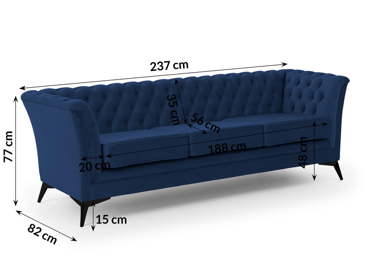SITZGARNITUR 3+2 Chesterfield Whitby Marineblau Samt mit schwarzen Füßen - Blau/Schwarz, Holz/Textil (237/78/82cm) - S-Style Möbel