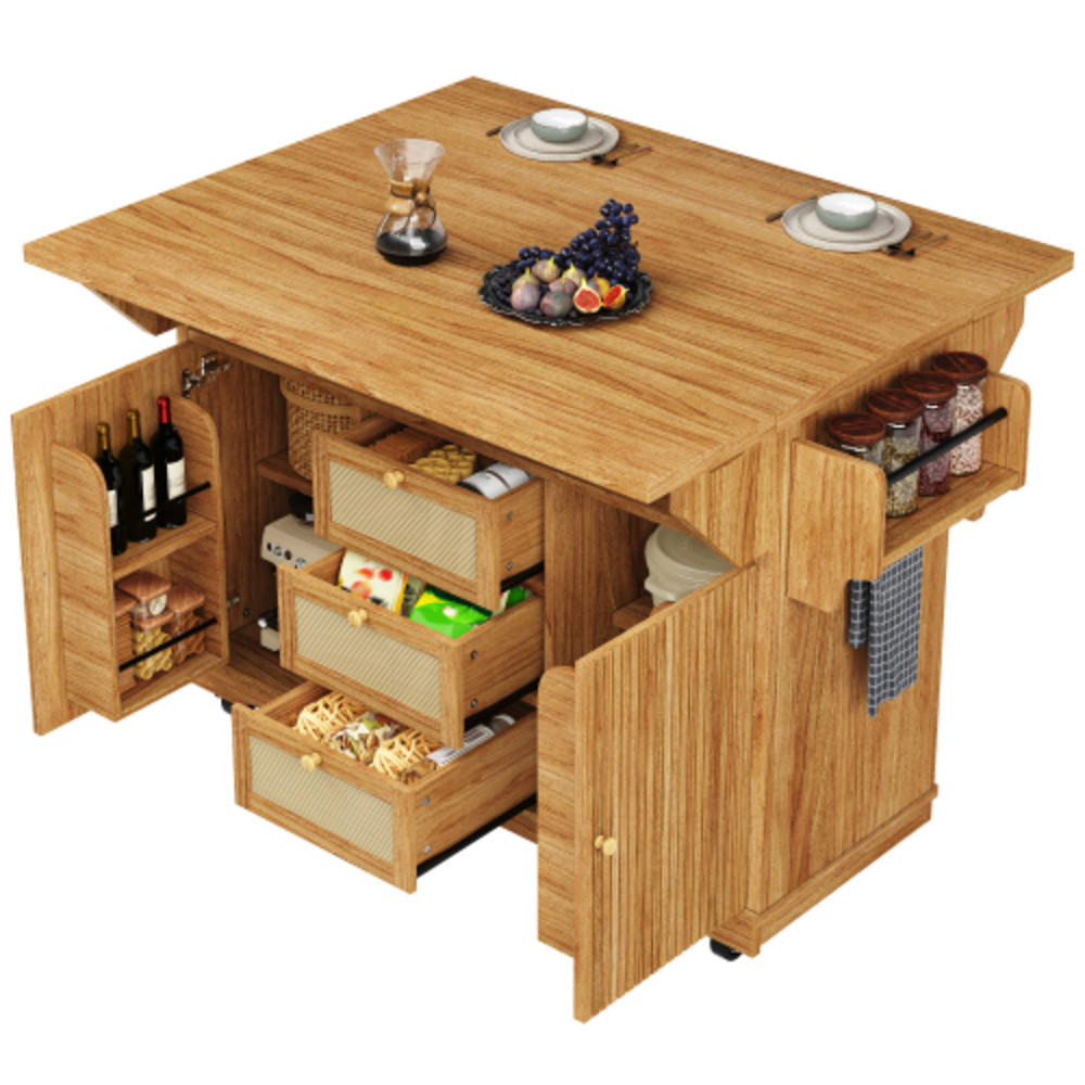 KÜCHENINSEL 142,5×40-80×95 cm aus MDF, Metall und PE-Rattan mit beidseitig klappbarer Tischverlängerung, dunkelbraun - Dunkelbraun, Holzwerkstoff (142.5/95/80cm) - Luhomfu