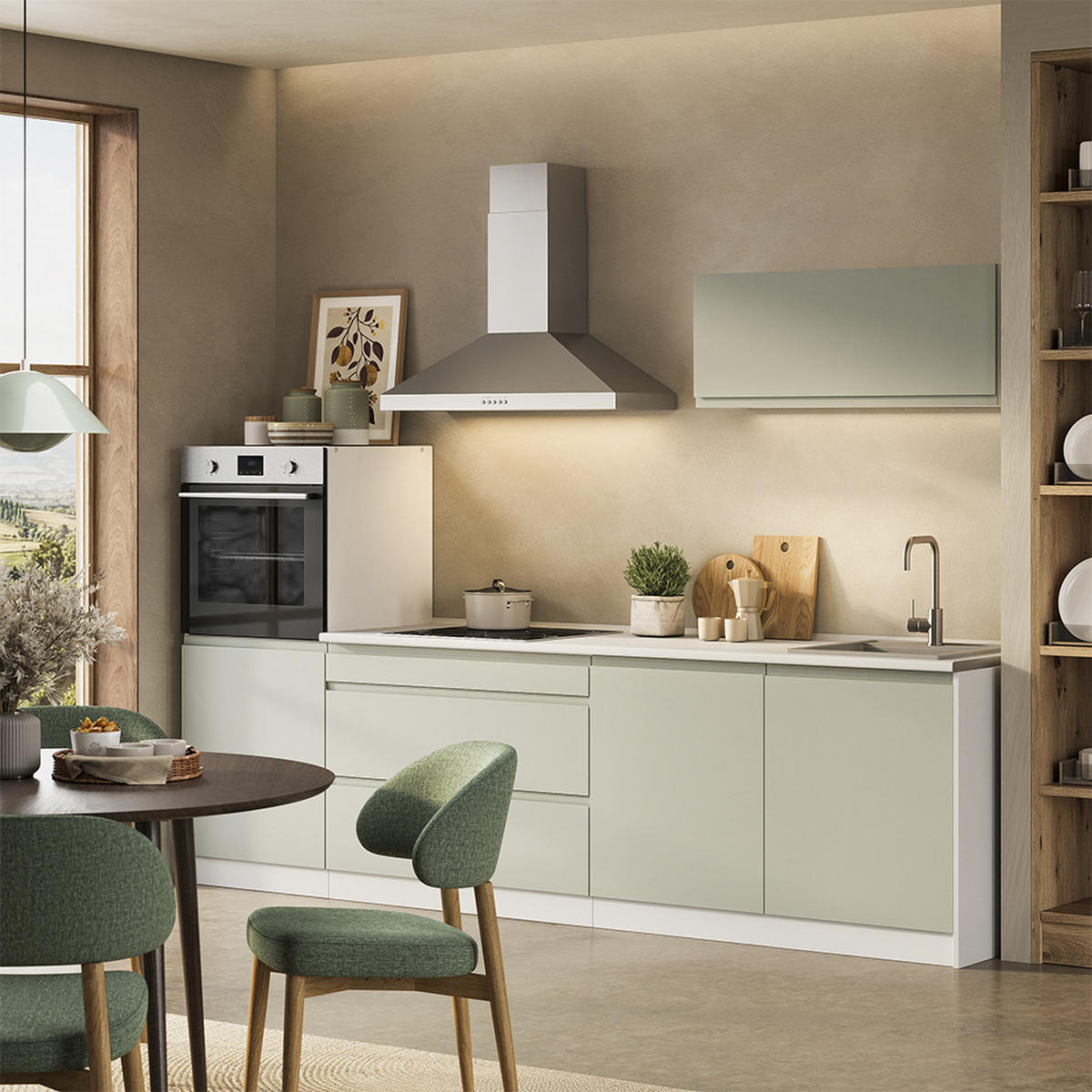 KÜCHENZEILE R-Line, Pastellgrün/Weiß, 280 cm Arbeitsplatte Satin - Pastellgrün/Weiß, Holzwerkstoff (280/143/60cm) - Vicco
