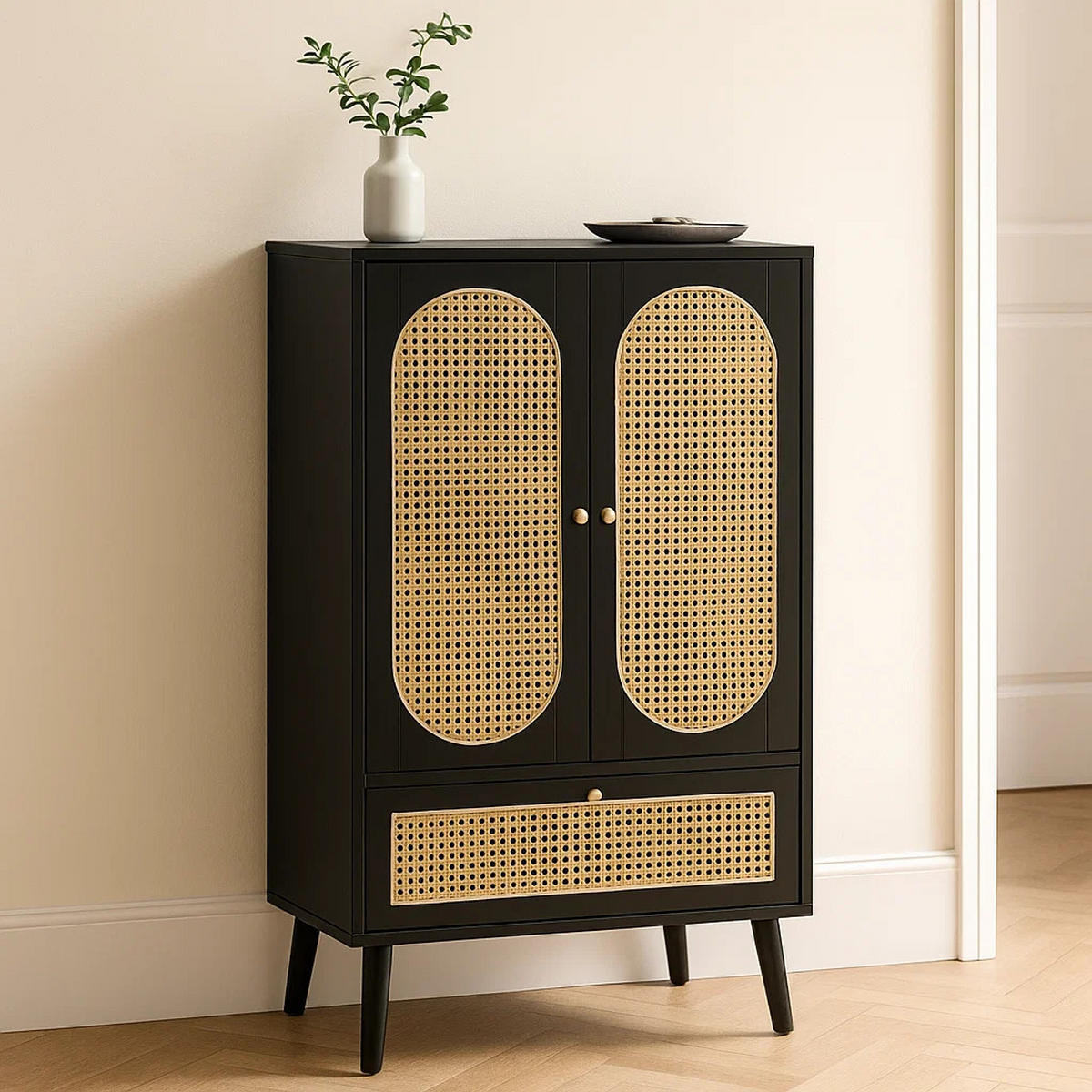HIGHBOARD Aus Rattan Schwarz 60/40/110,5 cm - Schwarz, Holzwerkstoff/Metall (40/110.5/60cm) - Urban Meuble