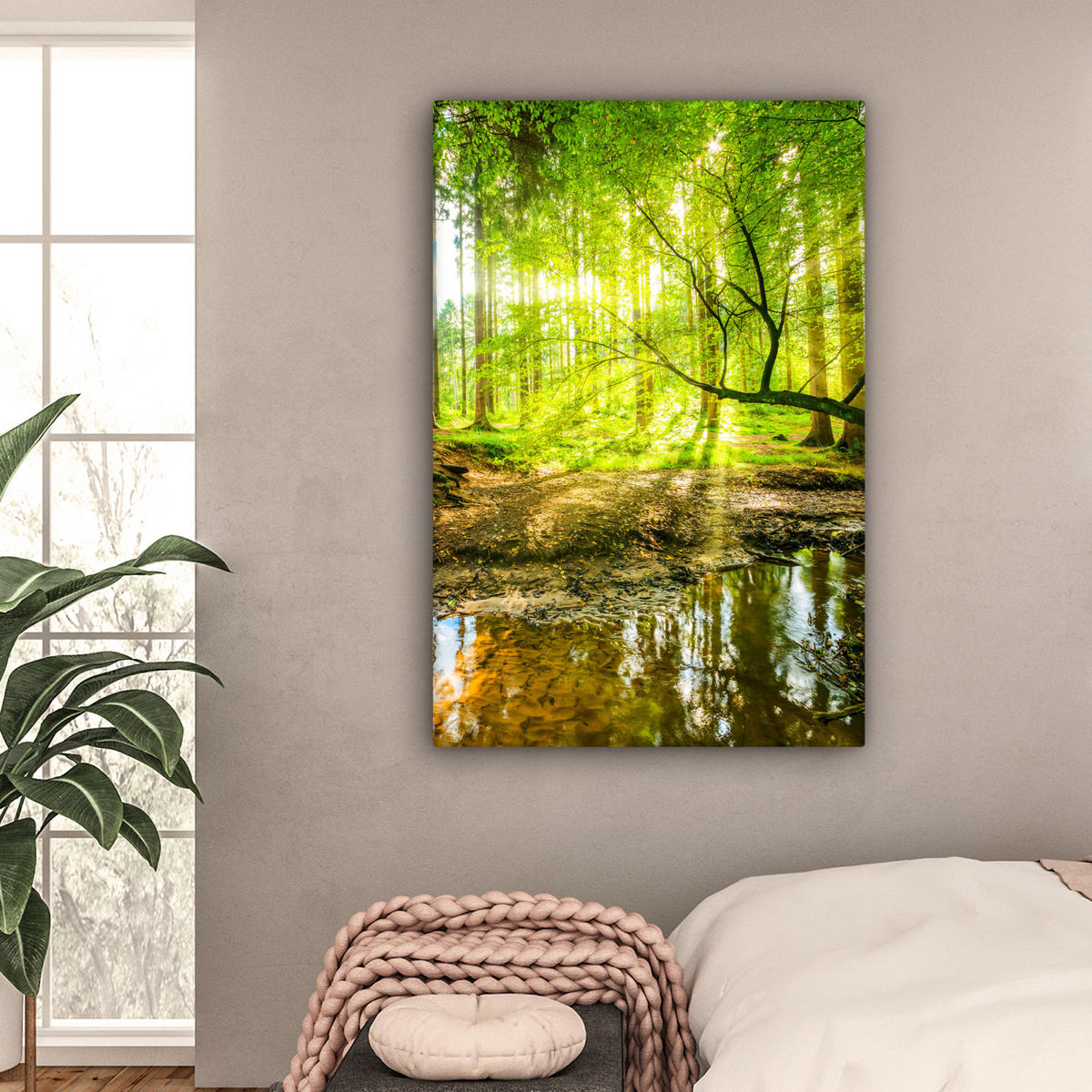 LEINWANDBILD Wald - Landschaft - Wasser - Bäume - Sonne - Grün - Natur 90x140 cm - Grün, Textil (90/140cm) - MuchoWow