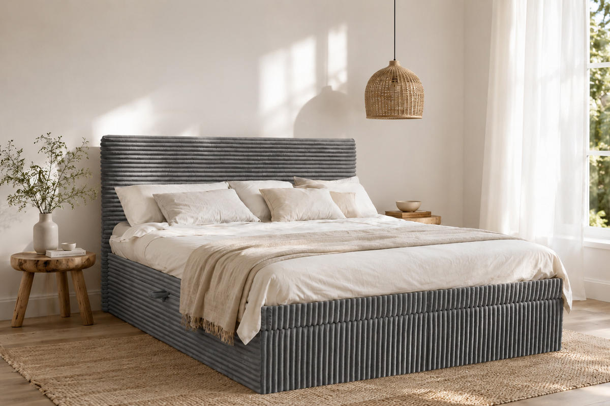 BOXBETT Bettkasten Und Topper TRENTO Ohne Bein Stoff Plüsch Cord 120x200 cm Dunkelgrau H3-Bonell - Dunkelgrau, Holz/Textil (120/200cm) - Kaiser Möbel