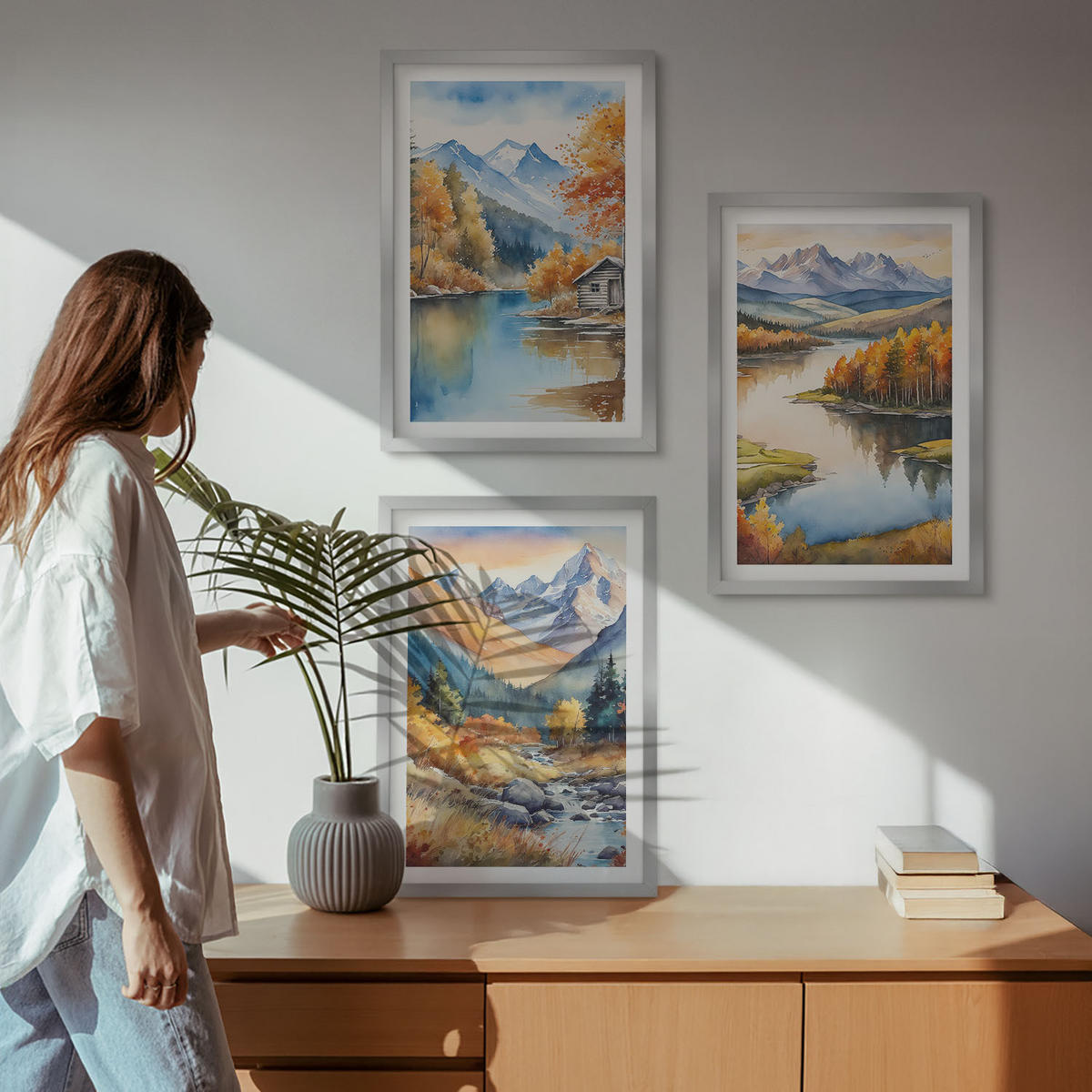 WANDBILDER 3er Set - 40x60 cm Silberner Rahmen - Gebirgsflüsse, Herbstbäume - Silberfarben, Kunststoff (40/60cm) - ArtPrintCave