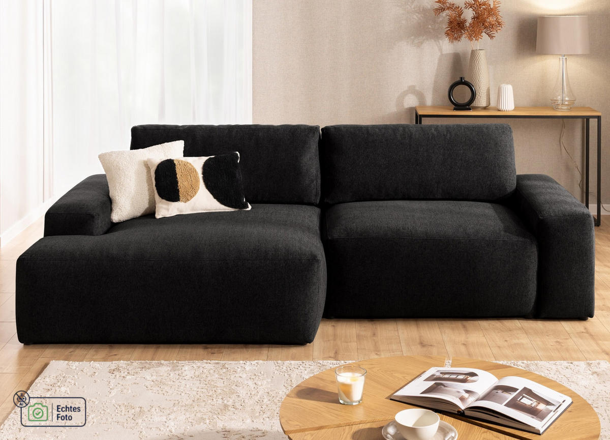 ECKSOFA Lennon aus Schwarz Strukturstoff mit Schlaffunktion und Bettkasten - Schwarz, Holz/Kunststoff (137/264cm) - S-Style