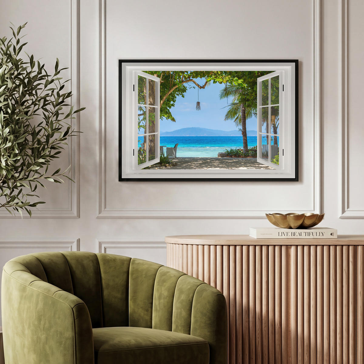 LEINWAND Bilder mit Rahmen - Aussicht - Baum - Meer - Palme - Hügel - Strand - Blau - 60x40 - Blau, Textil (60/40cm) - MuchoWow