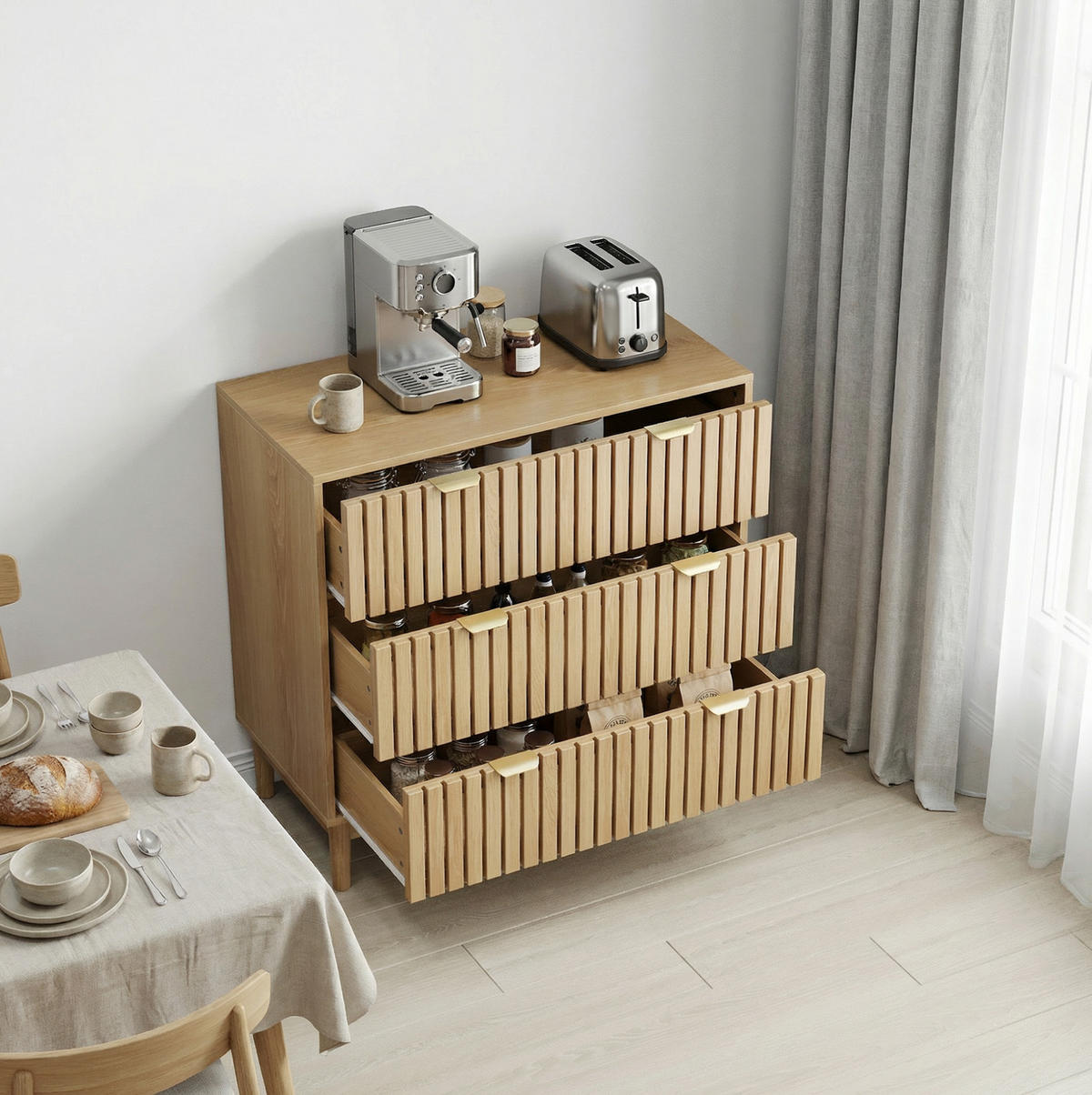 KOMMODE 80/39/80 cm aus MDF und Holzwerkstoff mit 3 Schubladen und Gitterfront Eichefarben - Nussbaumfarben, Holzwerkstoff (80/80/39cm) - Modenvie