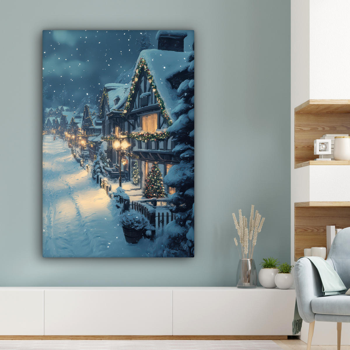 LEINWANDBILD Weihnachtsdorf - Weihnachten - Schnee - Winter 80x120 cm - Dunkelblau, Textil (80/120cm) - MuchoWow