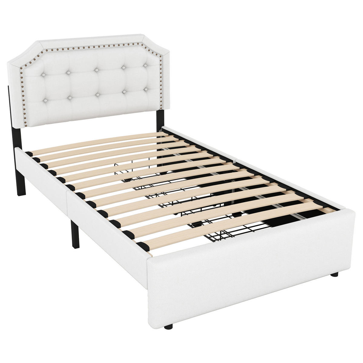 POLSTERBETT 90/200 cm mit 2 Schubladen, verstellbarem Kopfteil und Ziernieten, MDF & Leinen, Hellbeige - Ecru, Holzwerkstoff (90/200cm) - Redom