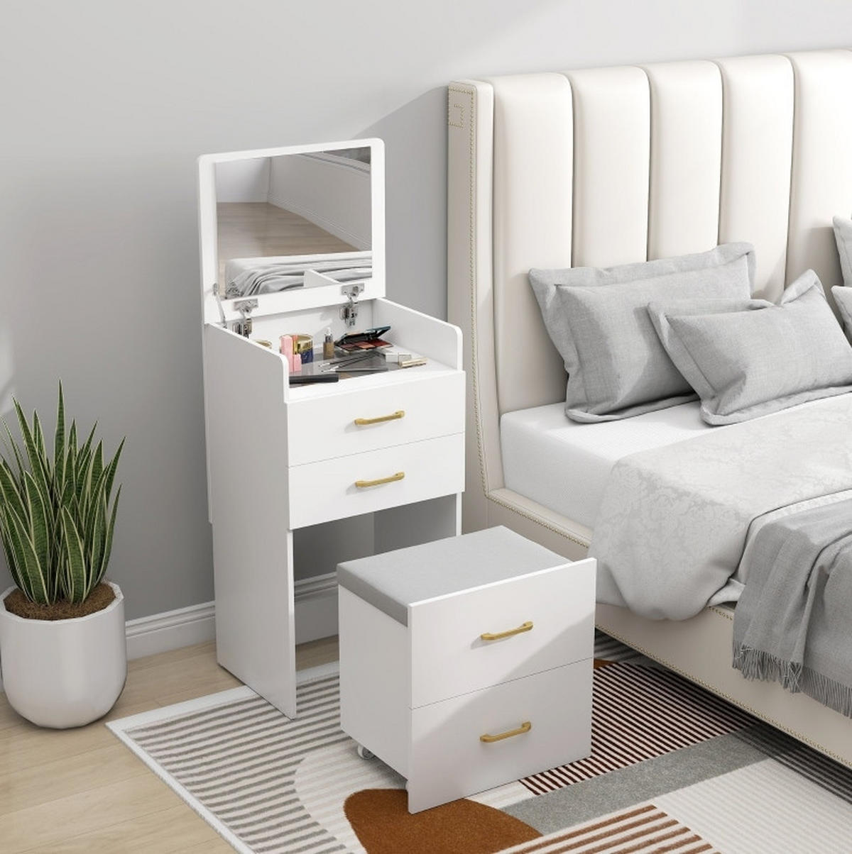 SCHMINKTISCH 48/40/90 cm 3-in-1 mit Spiegel, Schubladen und Rollhocker aus Holz, Weiß - Weiß, Holzwerkstoff (48/90/40cm) - Redom