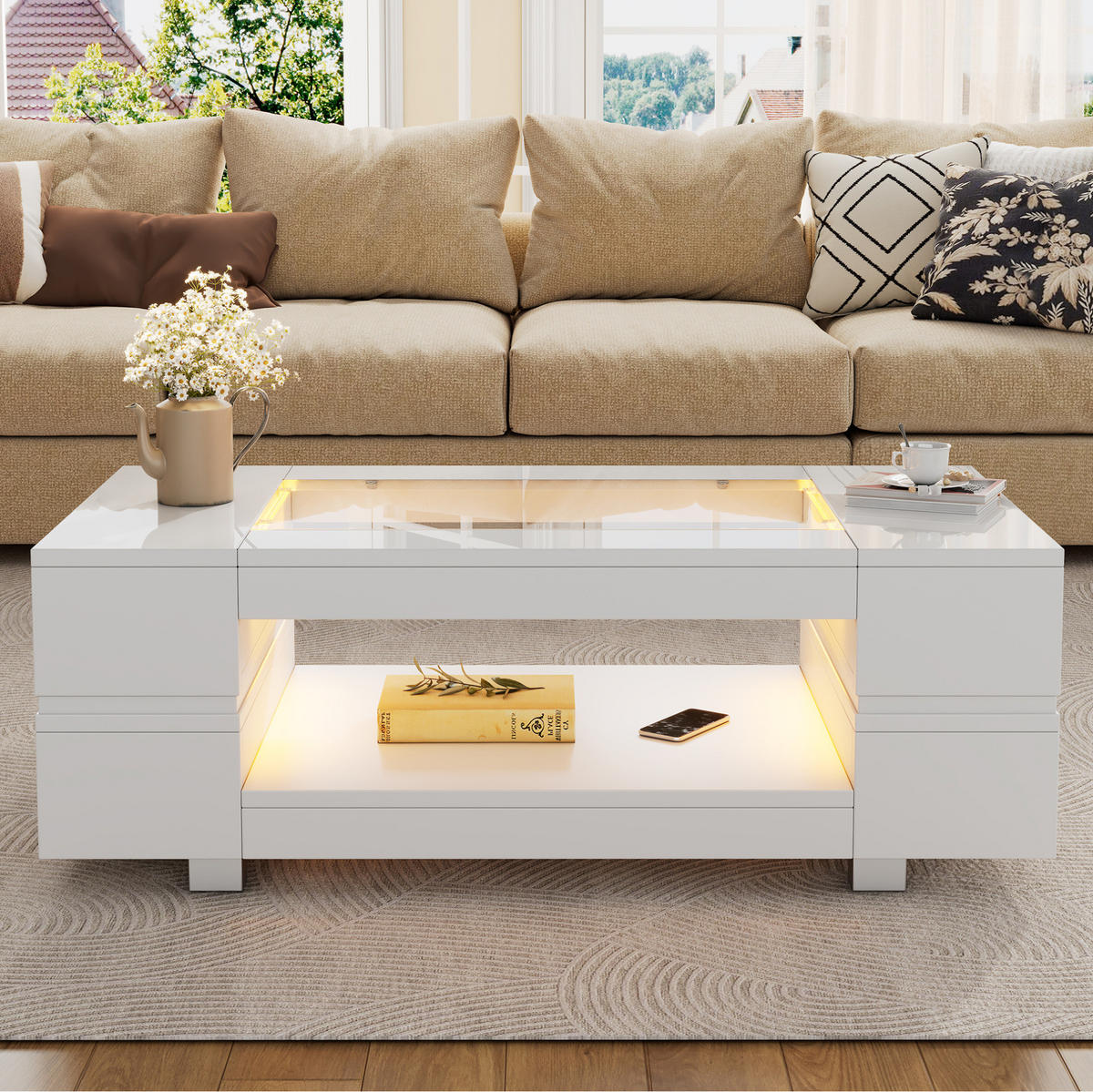 COUCHTISCH, mit LED-App-Steuerung, Glasplatte & 2 Ebenen Stauraum, 100/50/35 cm, weiß - Weiß, Holzwerkstoff (100/50/35cm) - Redom