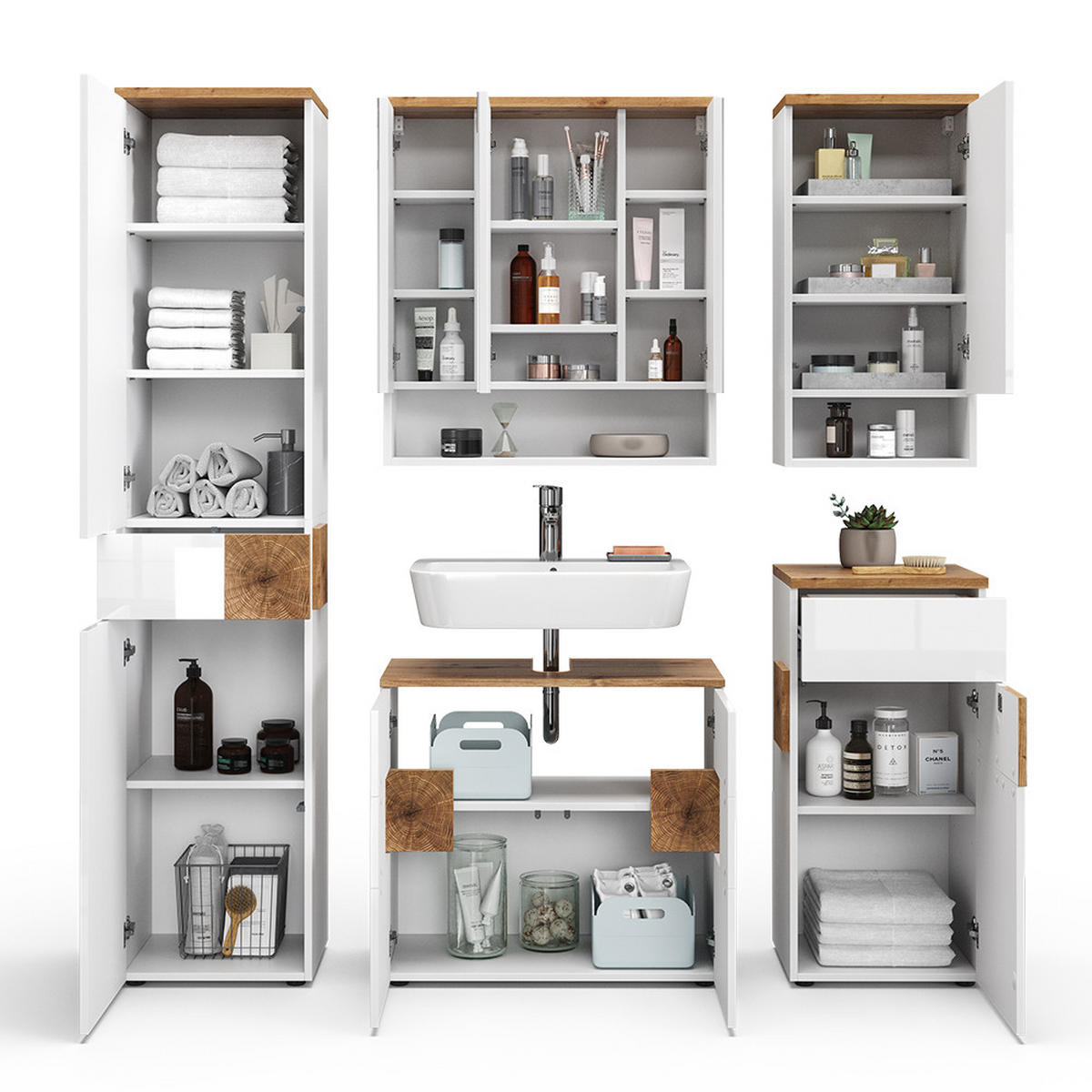 BADMÖBEL-SET Eden Weiß 5 Teile - Weiß/Eiche Artisan, Holzwerkstoff (73/64/37cm) - Vicco