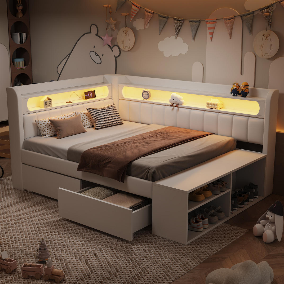TAGESBETT mit USB und LED 90x200 cm Weiß mit Schuhschrank - Weiß, Holz (90/200cm) - Meubliv