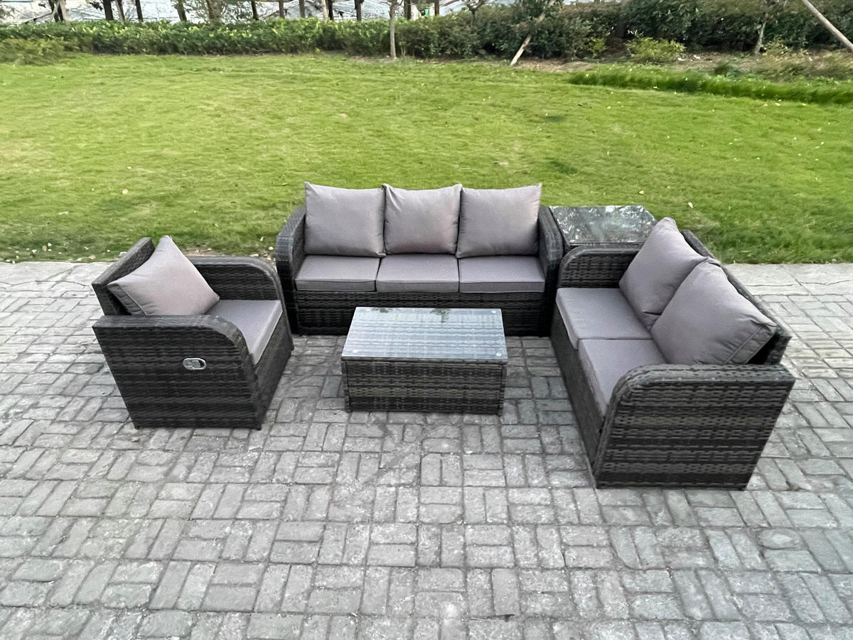 GARTENSET Polyrattan Dunkelgrau 6-Sitzer - Dunkelgrau/Grau, Glas/Kunststoff - Fimous