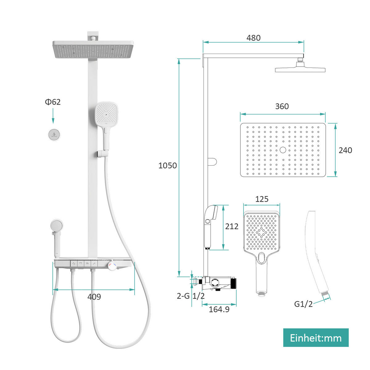 ÜBERKOPFBRAUSESET mit Handbrause Thermostat Vielseitig Weiß - Weiß, Metall (40/113/58cm) - EMKE