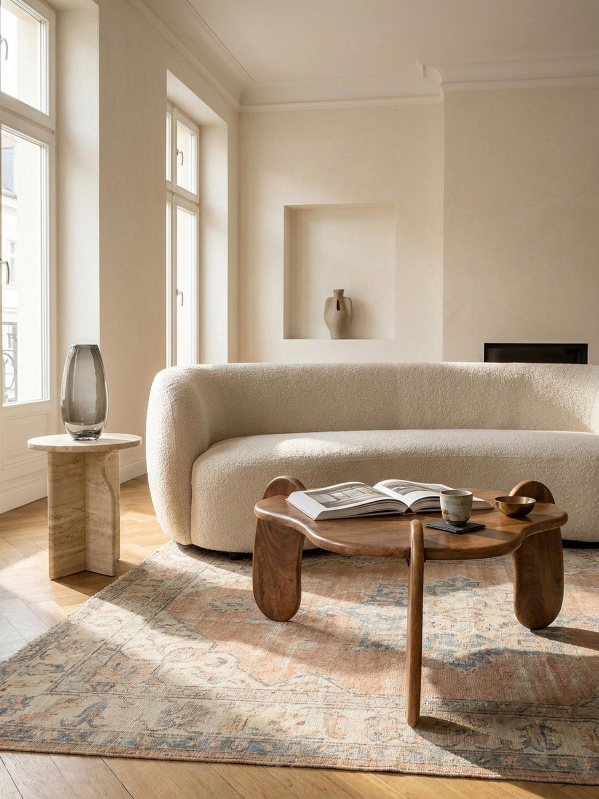 COUCHTISCH in Walnussfarbe aus Mangoholz Massiv, Niedriges Dreibein-Design, Organisch, 78x78x39.5cm - Braun, Holz (78/78/40cm) - KADIMA DESIGN