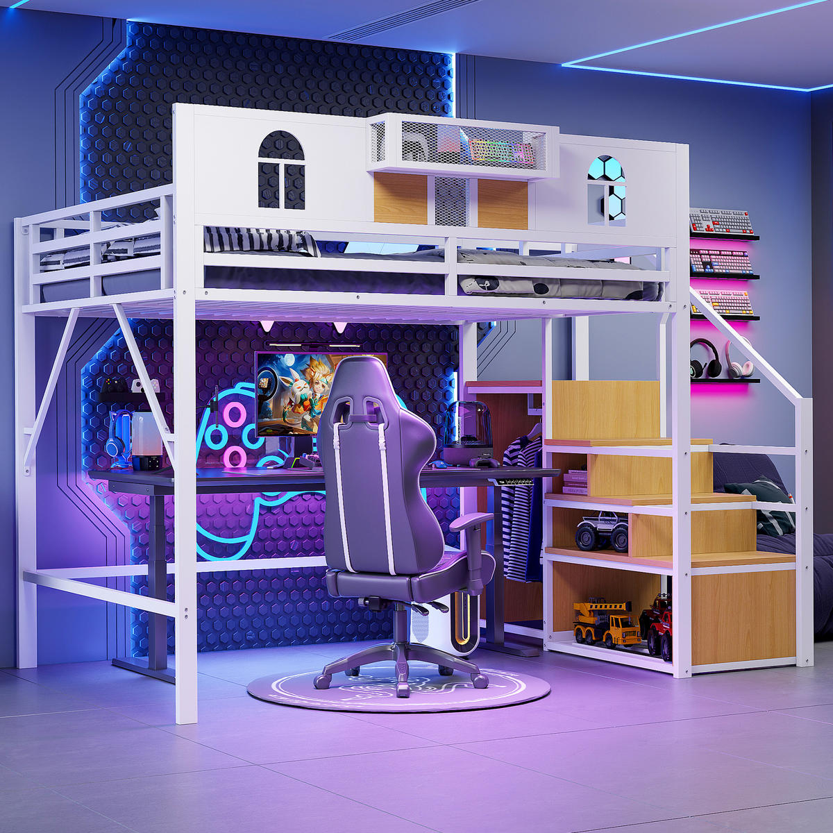 HOCHBETT 140/200 cm mit Stauraumleiter in Weiß mit Matratze - Weiß, Metall (140/200cm) - OKWISH