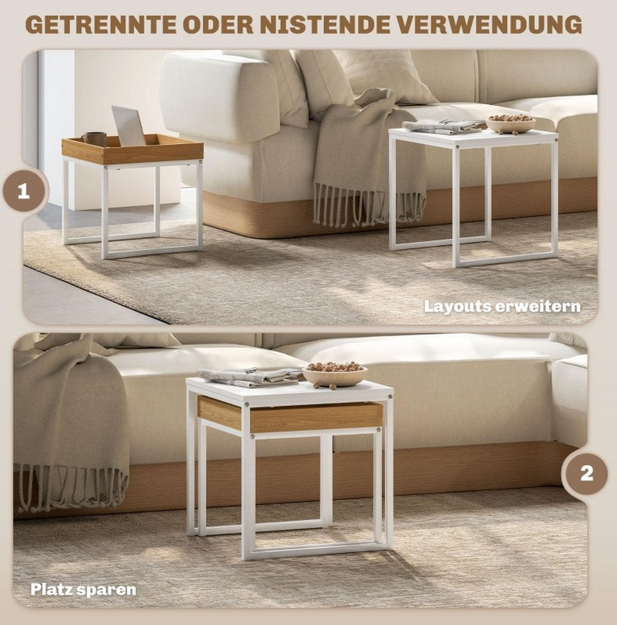 KONFERENČNÍ stolky 45/45/45 a 40/40/40 cm bílé z oceli s odnímatelným podnosem - bílá, kov (45/45/45cm) - OKWISH