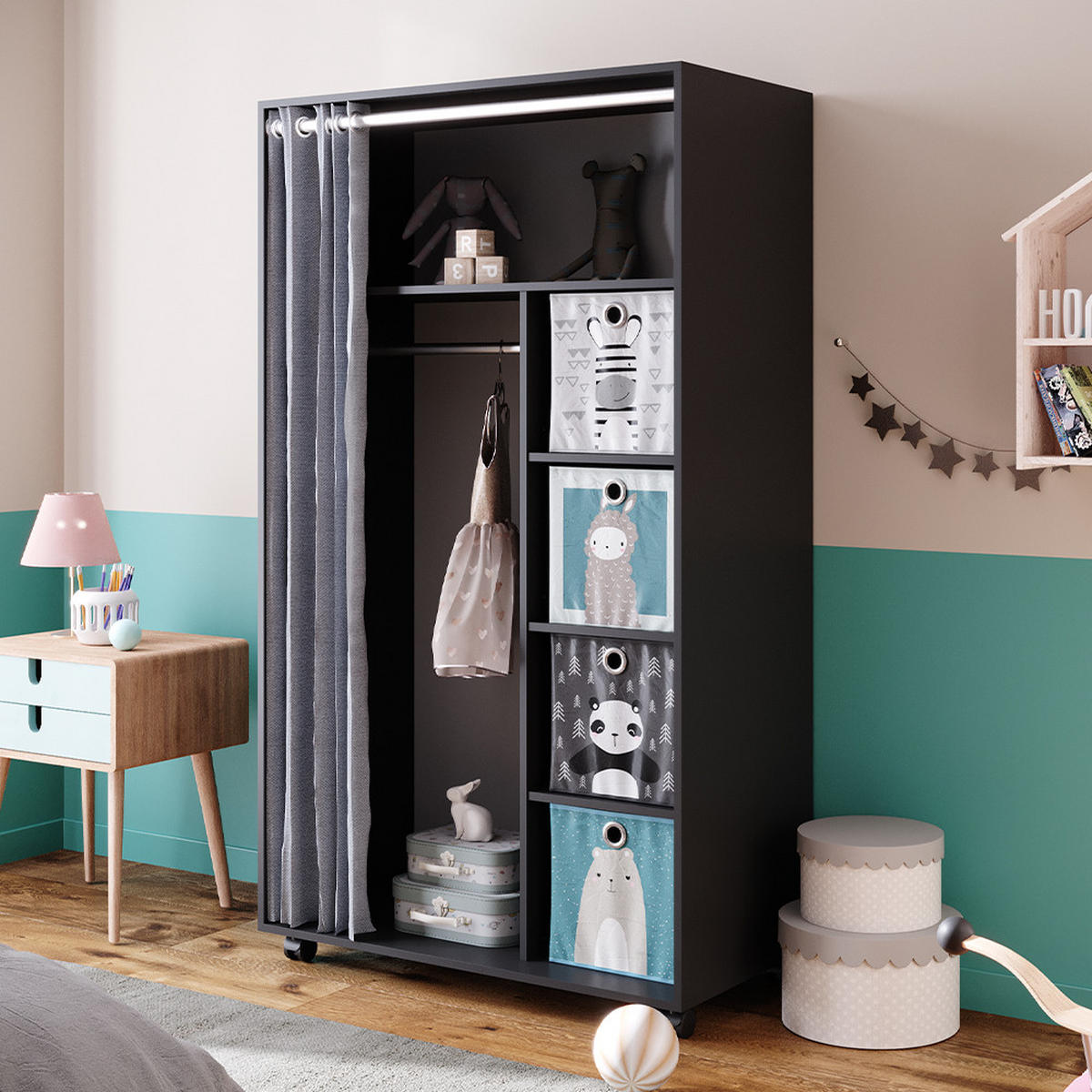 KLEIDERSCHRANK Doros Grau 100 x 168 cm offen, mit Rollen - Grau, Holzwerkstoff (100/168/50cm) - Vicco