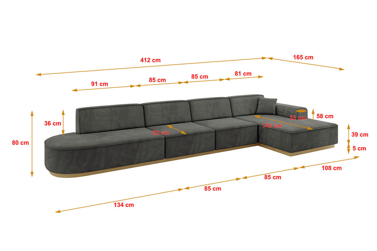 ECKSOFA Ottomane Rechts IREA-L3-v2 - 412x165x80 cm Ecru - Anthrazit, Holzwerkstoff/Textil (412/165cm) - ALTDECOR