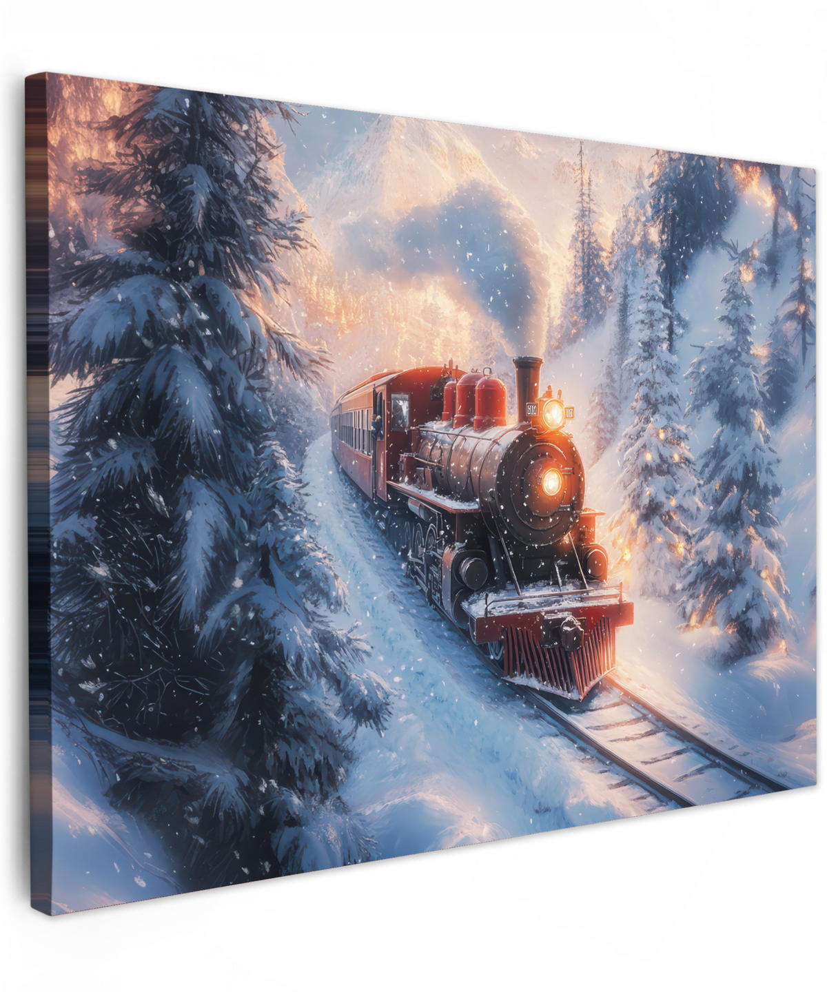 LEINWANDBILD Weihnachtszug - Schnee - Winter - Weihnachten Wandbilder 80x60 cm - Dunkelrot, Textil (80/60cm) - MuchoWow
