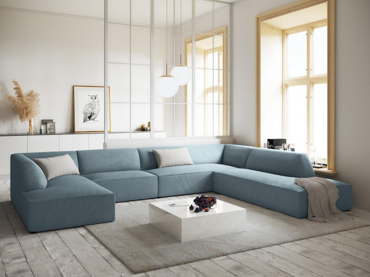 PANORAMASOFA rechts Ruby aus Cord hellblau 7 Sitzplätze - Hellblau, Textil (273/69/366cm) - Micadoni