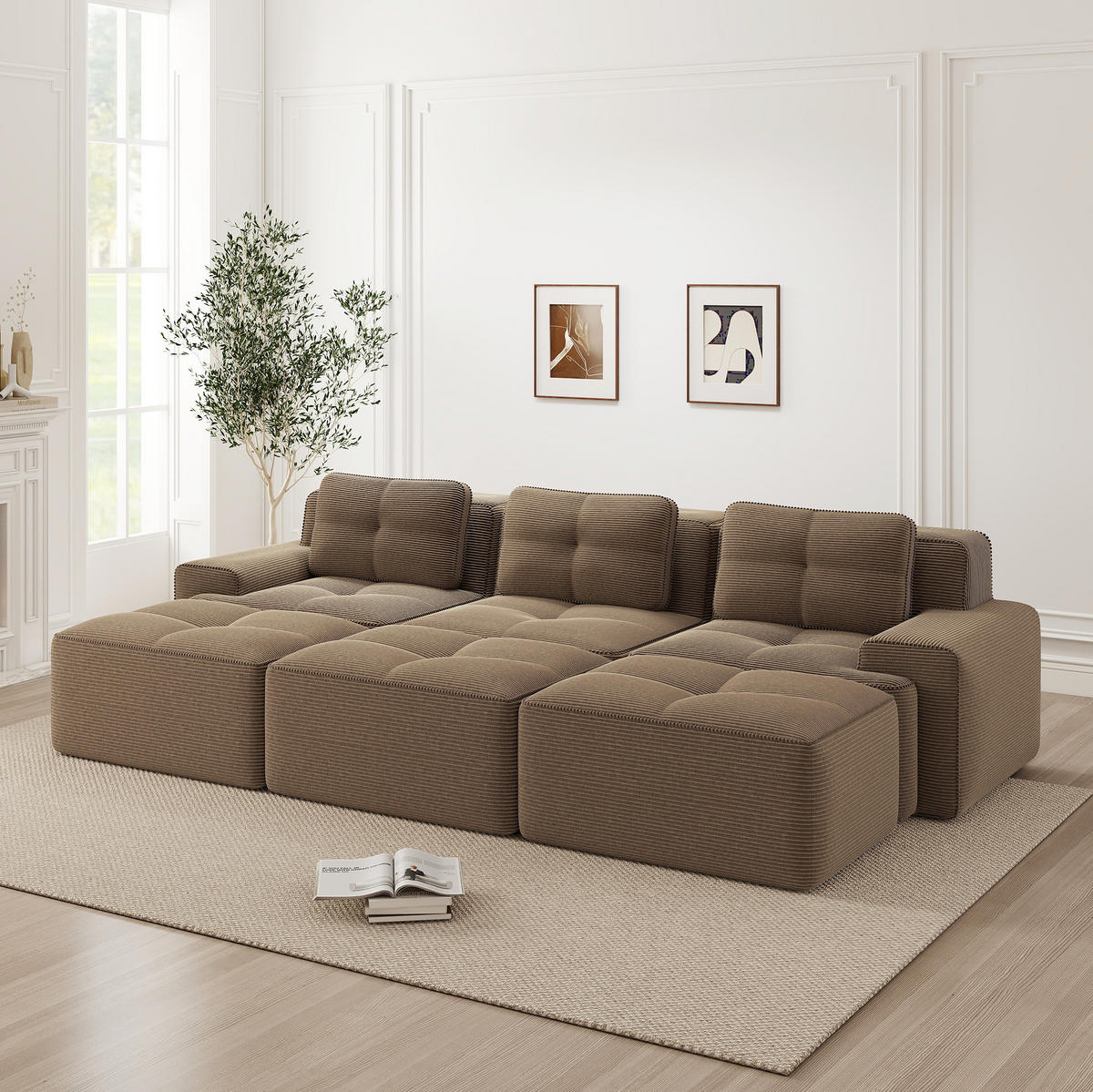 MODULARES Sofa aus Cord in Braun 293x177x69 cm mit Schlaffunktion und 74 cm Sitztiefe - Braun, Textil (177/69/293cm) - IVMEU