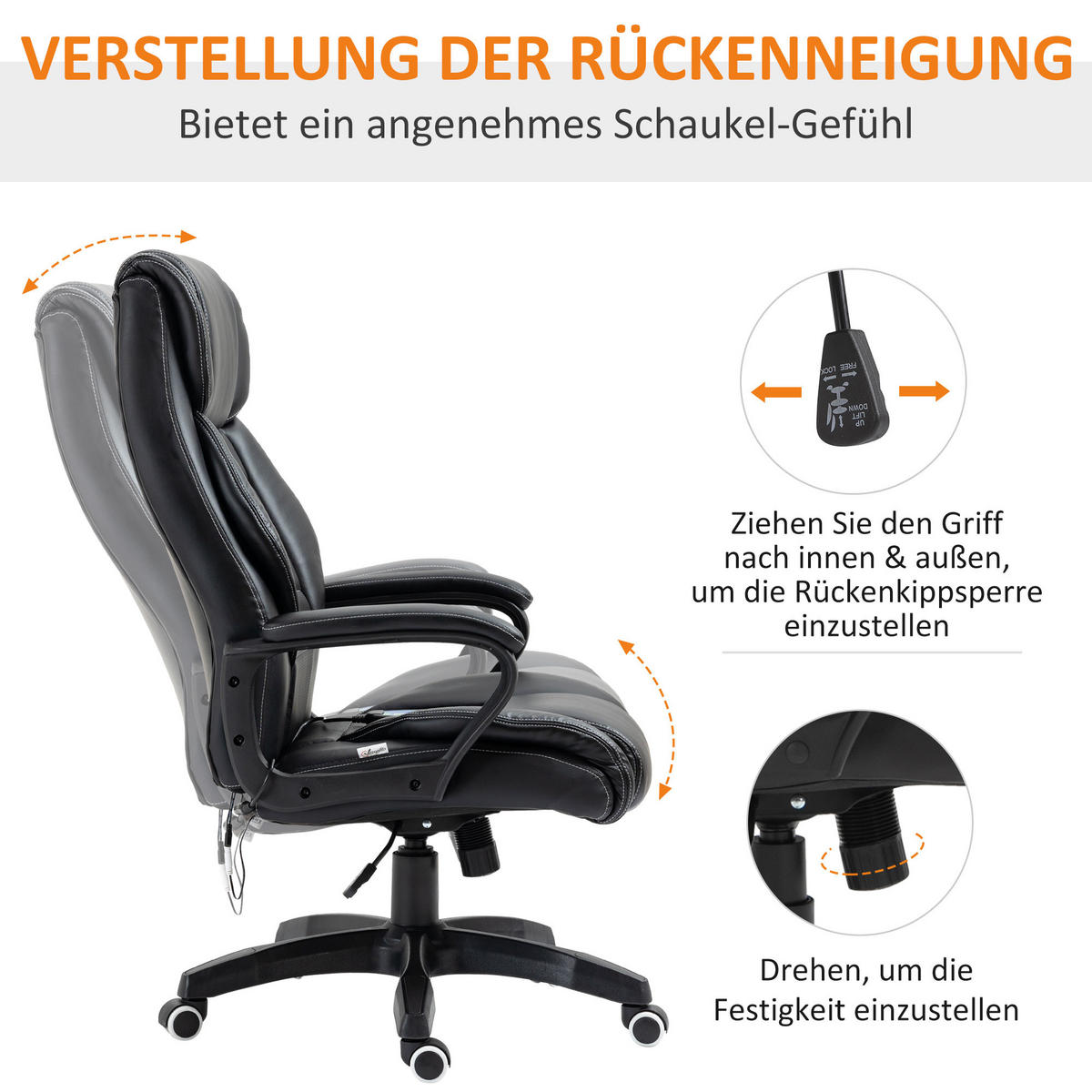BÜROSTUHL mit Massage, Schwarz - Schwarz, Leder (78/120/66cm) - Vinsetto