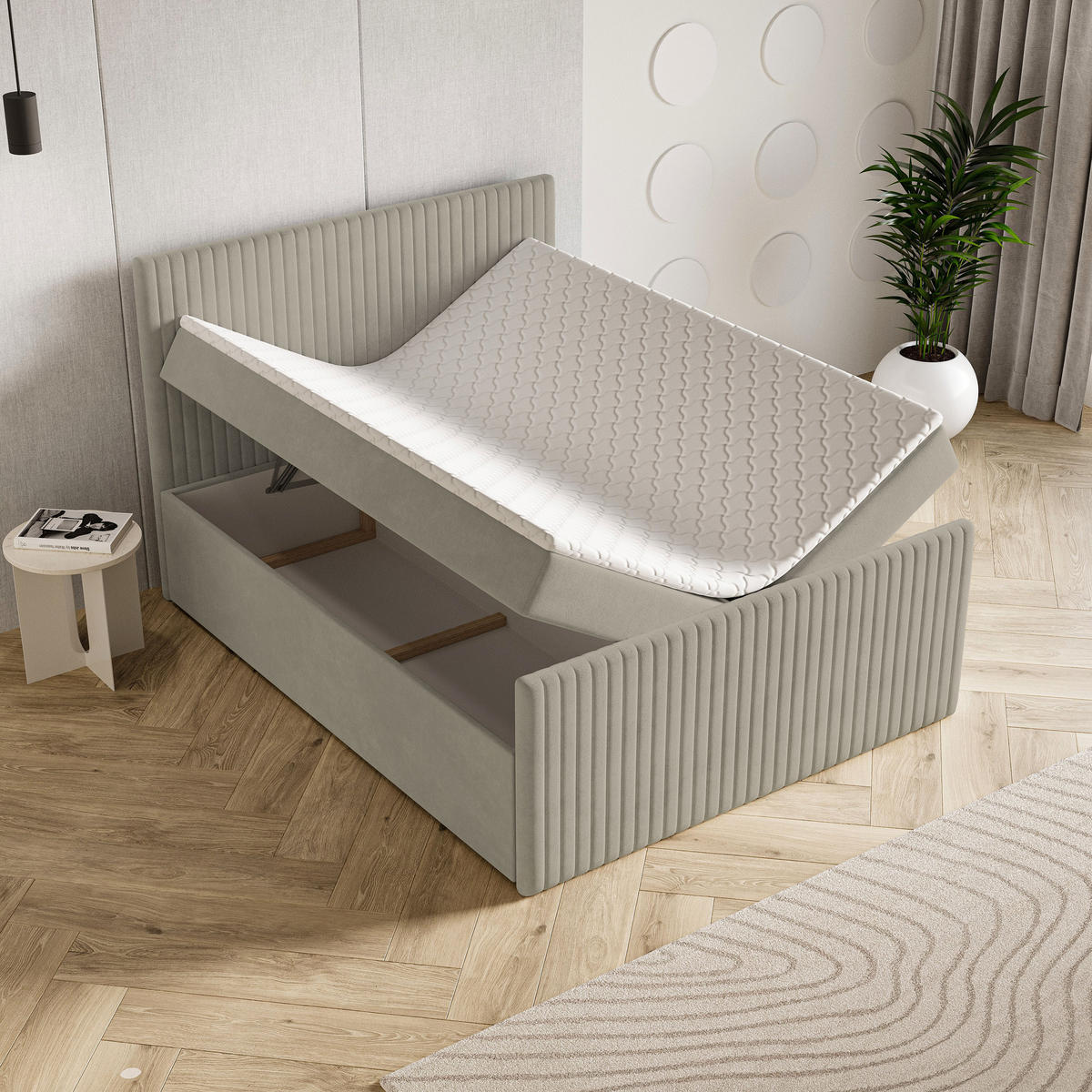 BOXBETT TERVAN 160x200 cm mit Matratze und Topper - Beige - Beige, Holz (160/200cm) - MASSENO