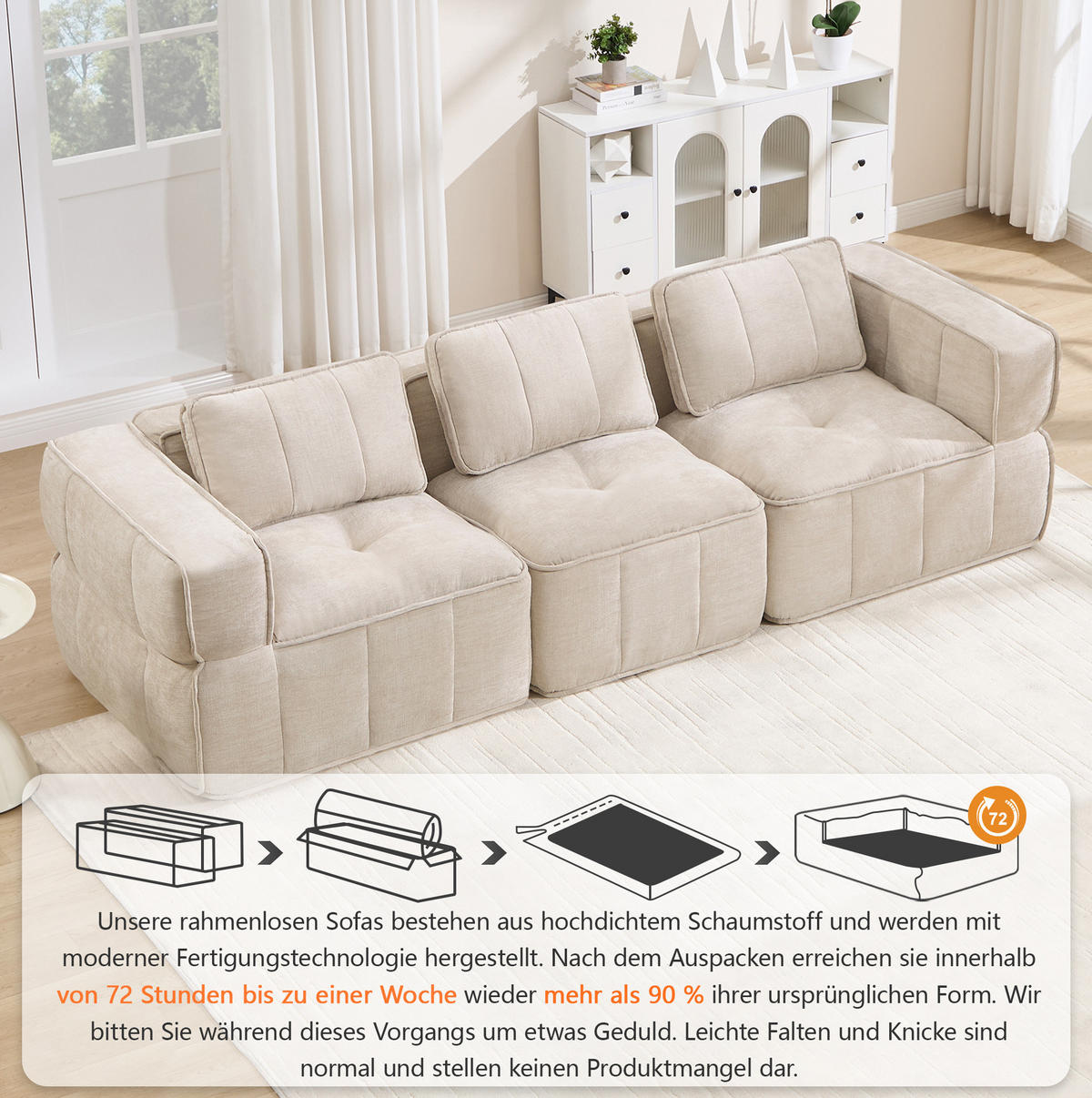 SOFA 271/93/67 cm in Beige, modular, aus Polyester mit rutschfestem Standfuß - Beige, Kunststoff (93/67/271cm) - Flora Grace