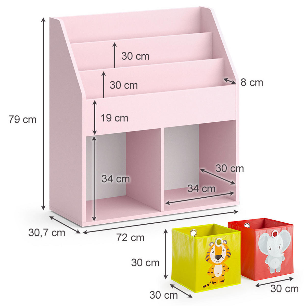 KINDERREGAL Luigi Rosa 72 x 79 cm mit 2 Faltboxen (Elefant, Tiger) - Pink, Holzwerkstoff (72/79/30.7cm) - Vicco
