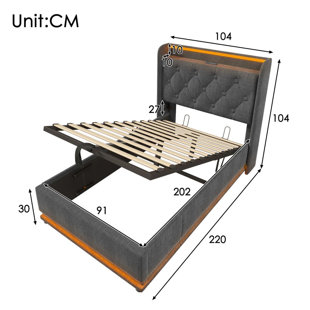 POLSTERBETT 90/200 cm Grau mit 360-Grad-LED und USB-Anschluss Mit Matratze - Grau, Textil (90/200cm) - OKWISH