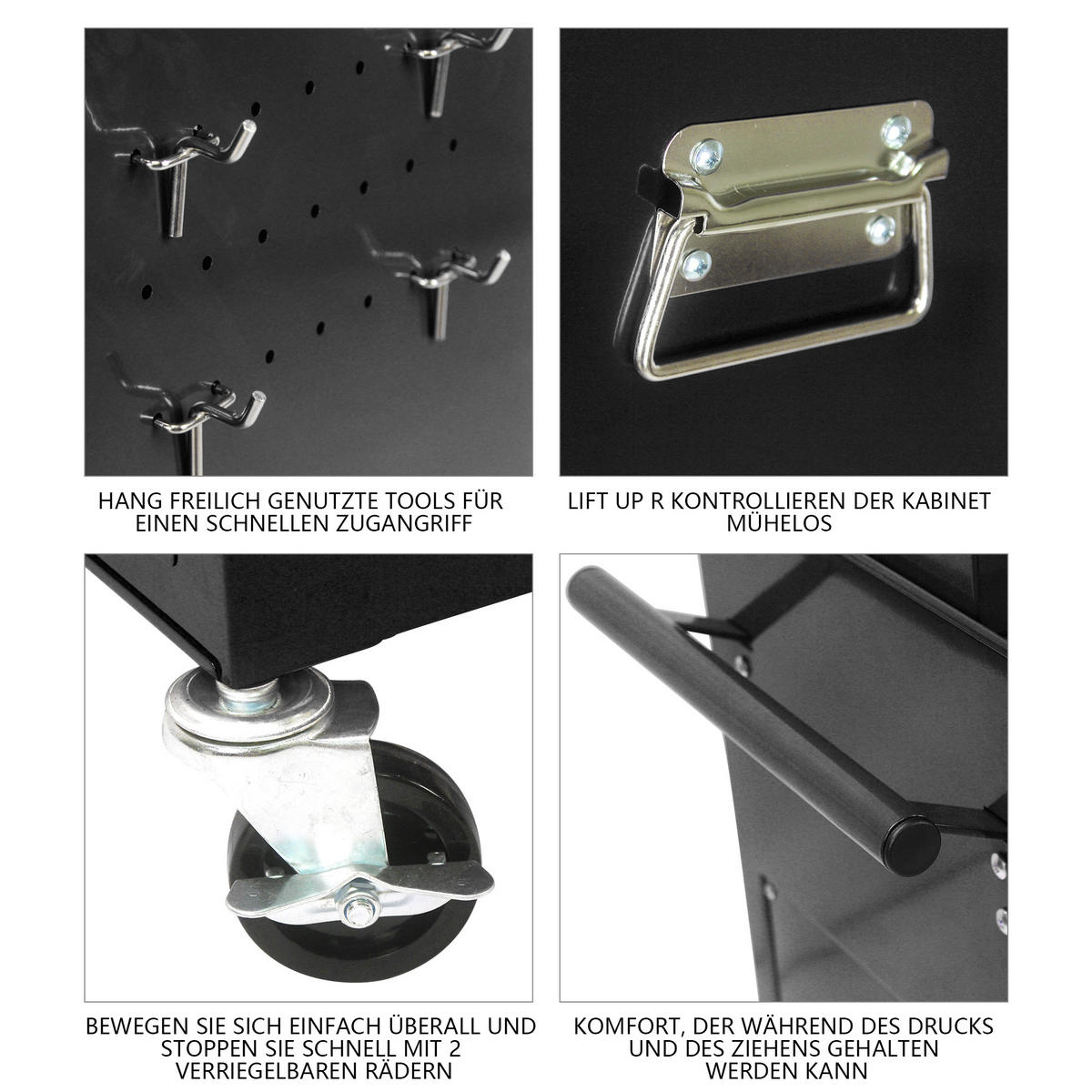 WERKZEUGWAGEN 2-in-1 mit Rollen – abnehmbarer Werkzeugkasten, 6 Fächer, Werkstattwagen mit 4 Rädern für Garage, Schwarz - Schwarz, Metall (33/110/60cm) - Ej. Life