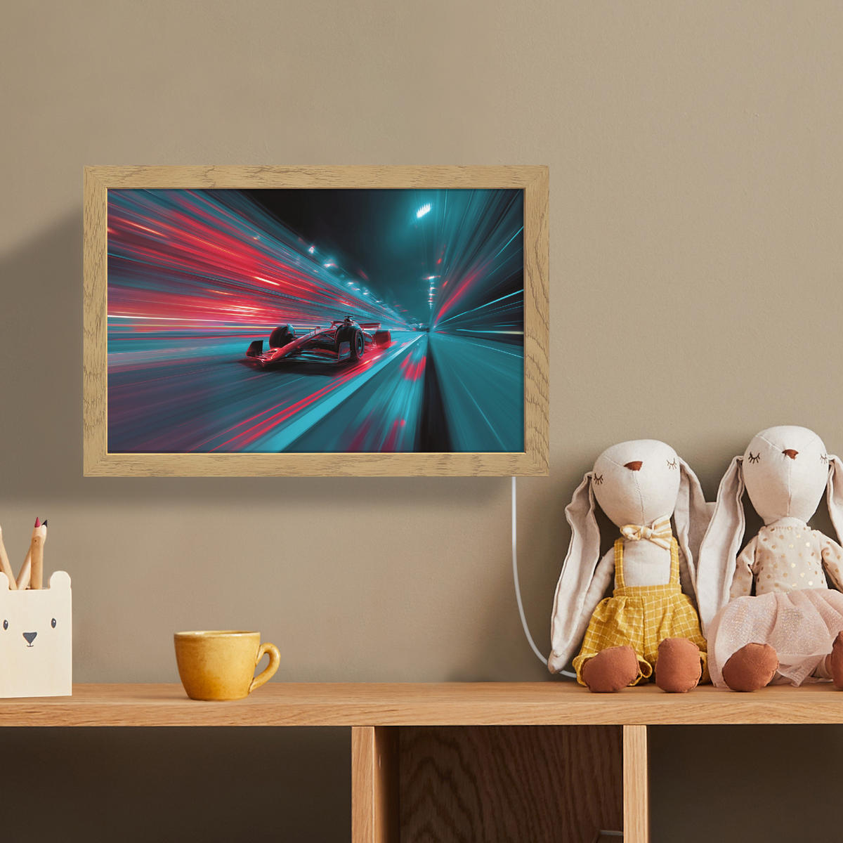 NÁSTĚNNÁ LAMPA Závodní auto - Červená - Rychlost 30x20 cm - tyrkysová, kompozitní dřevo (30/20/8cm) - OnlyWow