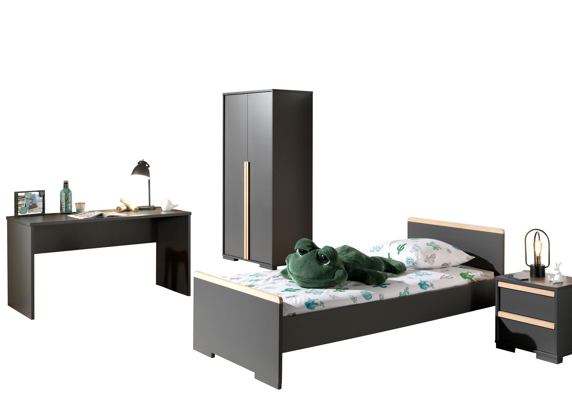 KINDERZIMMER komplett Set 4-tlg. Kariotta 6 Anthrazit Griffe Massivholz - Anthrazit, Holzwerkstoff (492/1/258cm) - 58aufmkessel