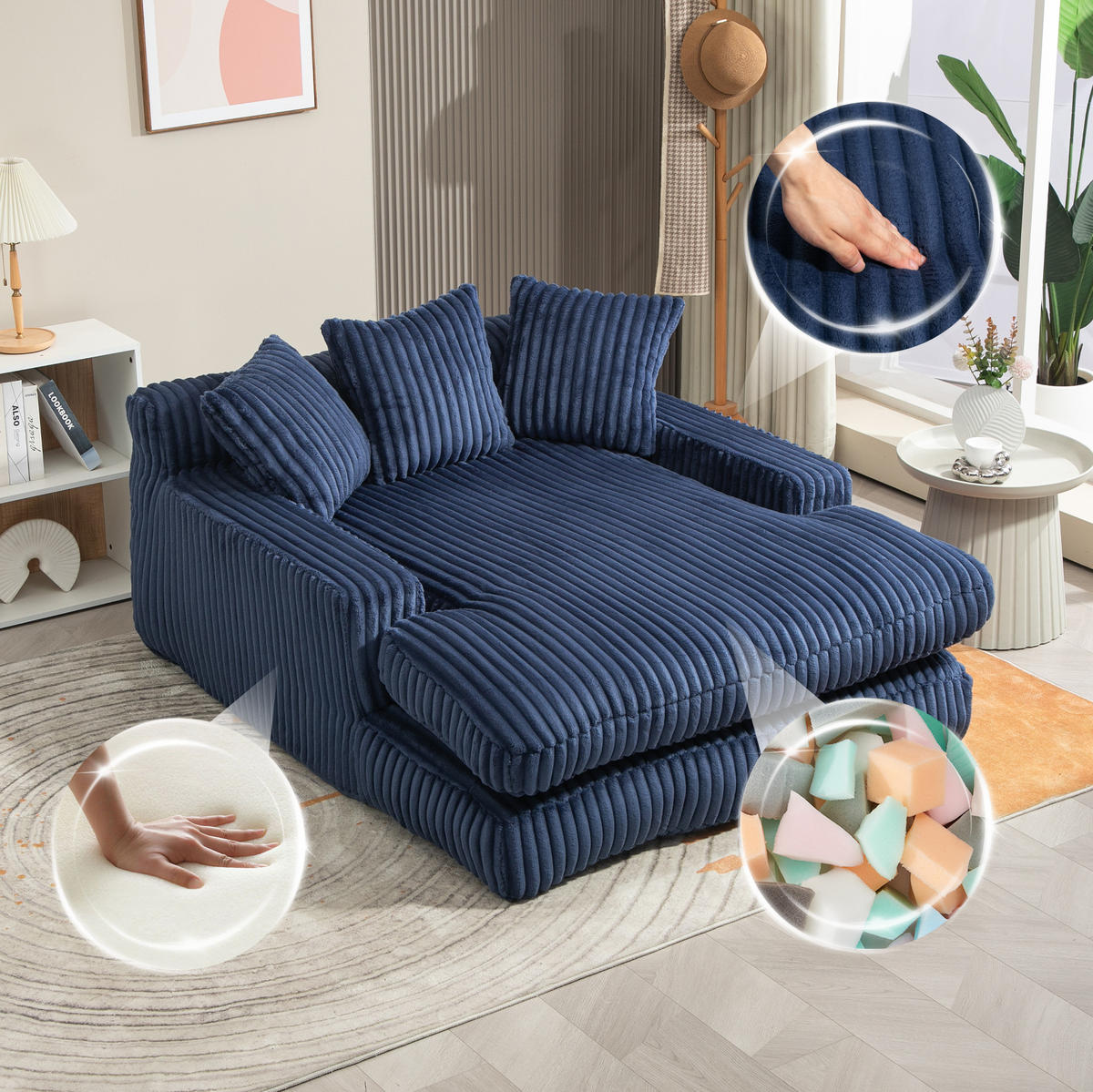 BIGSOFA 125/155/63 cm in Marineblau aus Cord mit Chaiselongue-Charakter - Dunkelblau, Textil (63/125/155cm) - BEAOK