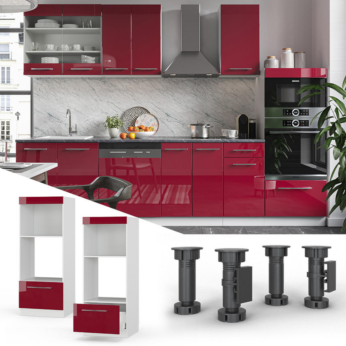 MIKROWELLENSCHRANK Fame-Line Bordeaux Hochglanz 60 cm offen - Bordeaux/Weiß, Holzwerkstoff (60/153.6/58.1cm) - Vicco