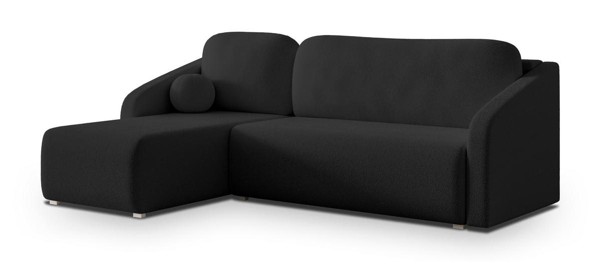 ECKSOFA MARELLO Schwarz Boucle-Stoff mit Schlaffunktion - Schwarz, Holz (220/143cm) - MASSENO