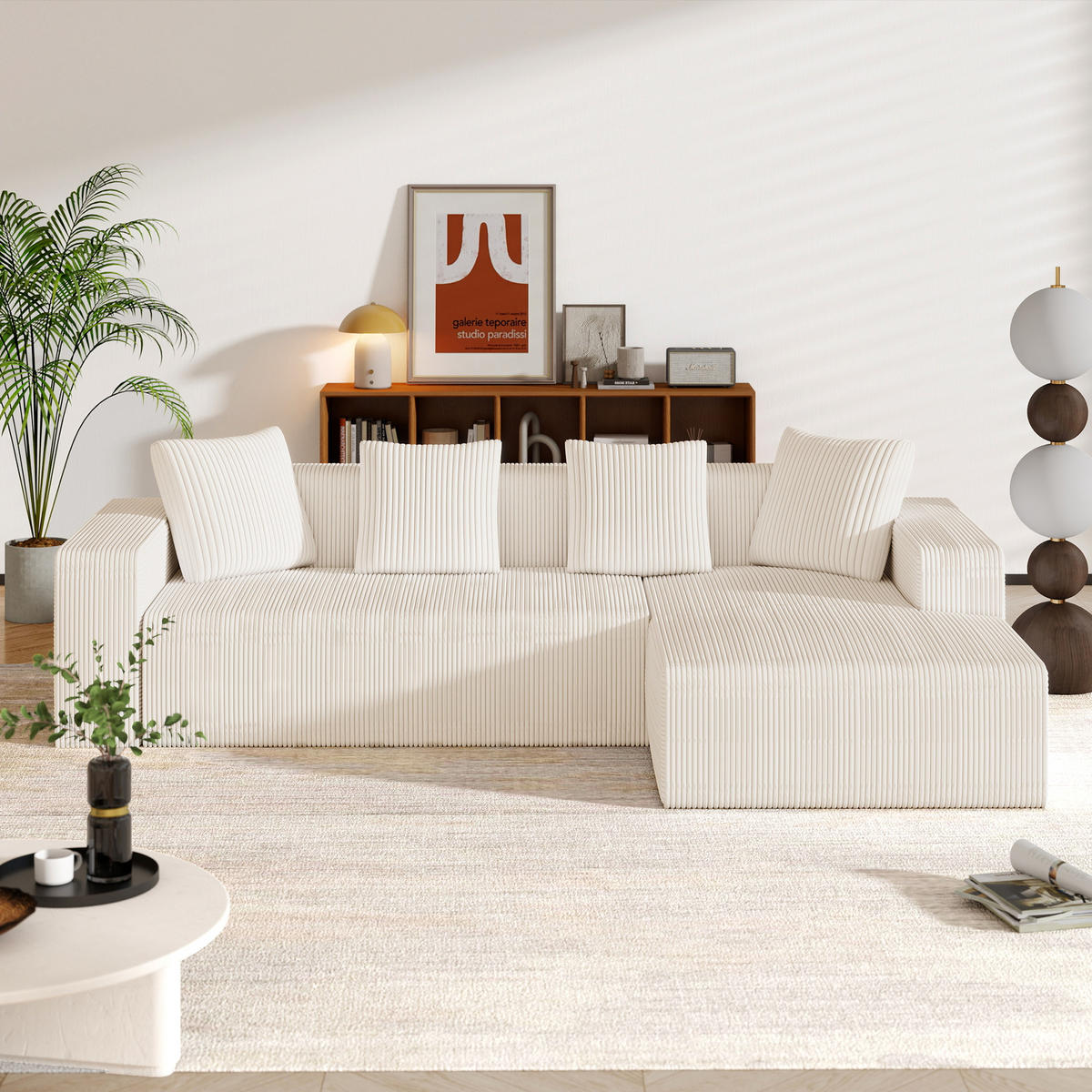 MODULARES Ecksofa Cord tiefe Sitzfläche, Chaiselongue 261/146/65 cm Weiß - Weiß, Textil (146/261cm) - Redom