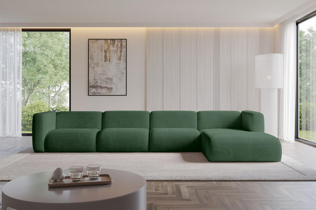 ECKSOFA Ottomane Rechts MIRA-L3 409x179x70 Grün Cord - Salbeigrün/Schwarz, Holzwerkstoff/Kunststoff (409/179cm) - ALTDECOR