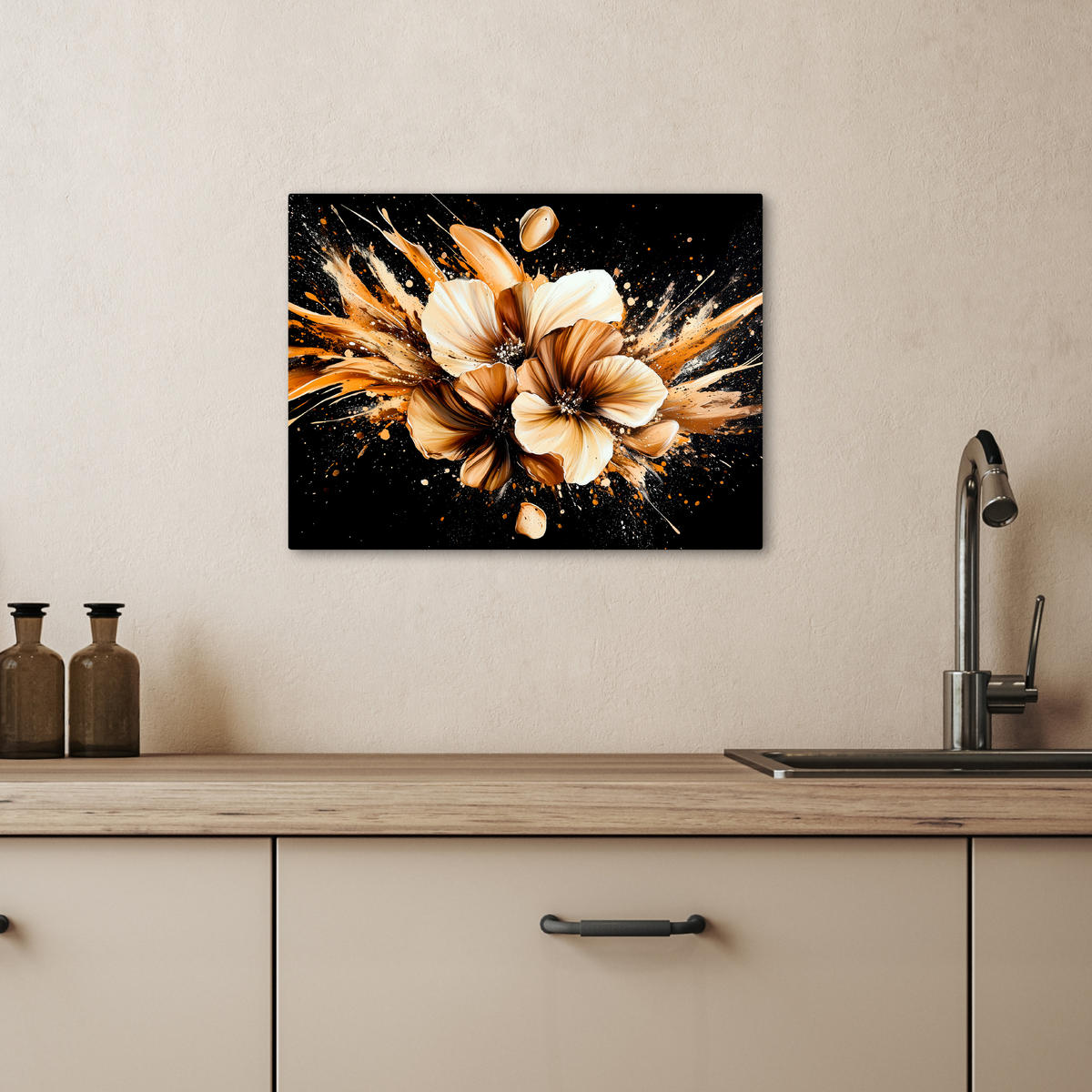 LEINWANDBILD Blumen - Gold - Graffiti - Schwarz - Abstrakt 40x30 cm - Cappuccino, Textil (40/30cm) - MuchoWow