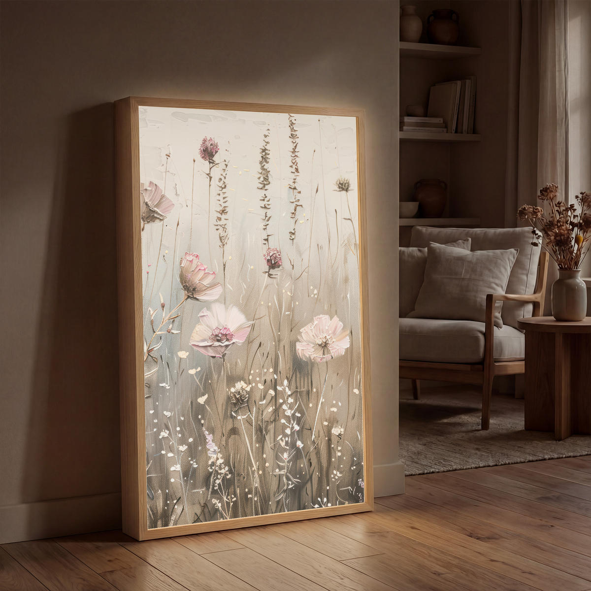 NÁSTĚNNÁ LAMPA S AKUMULÁTOREM Květiny - růžová - moderní - béžová 60x90 cm - starorůžová, kompozitní dřevo (60/90/8cm) - OnlyWow